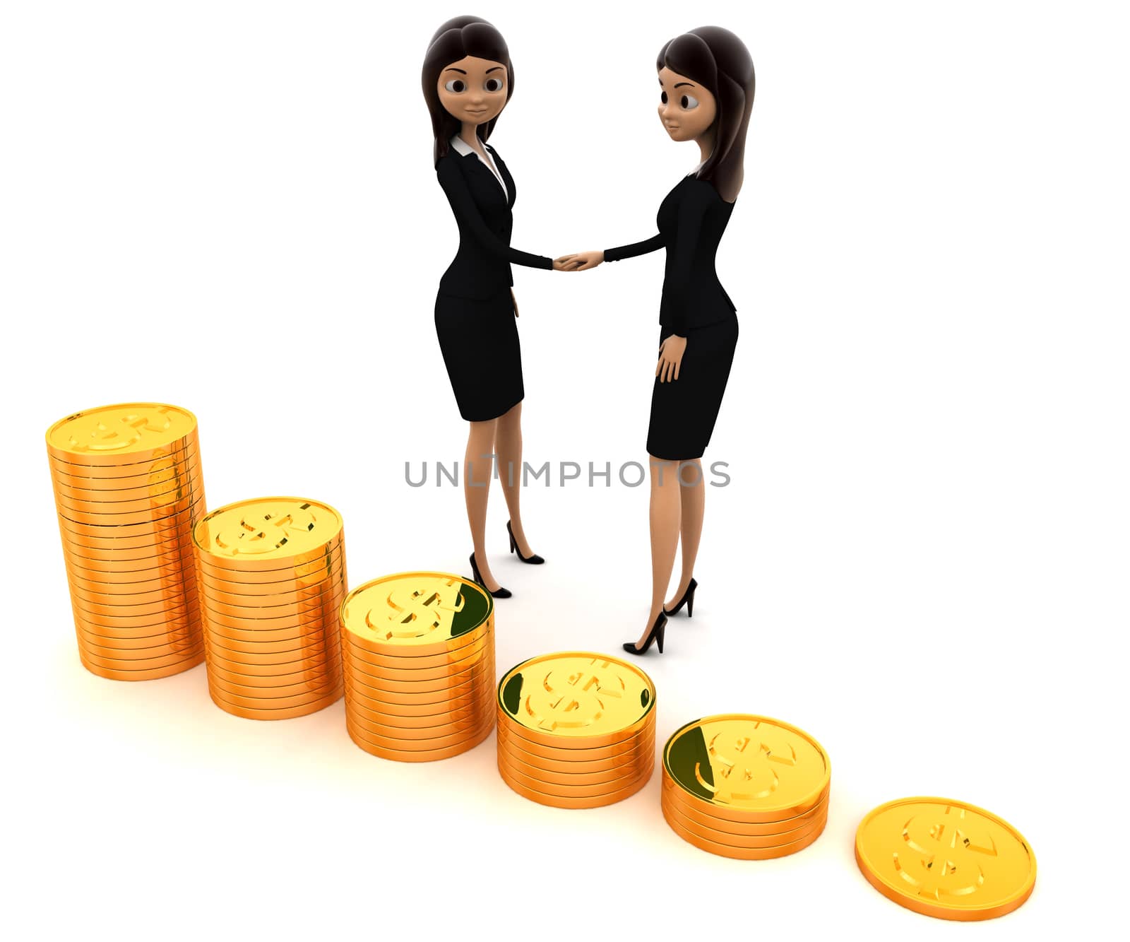 3d women shaking hand before gold coin stakes concept on white background, side angle view