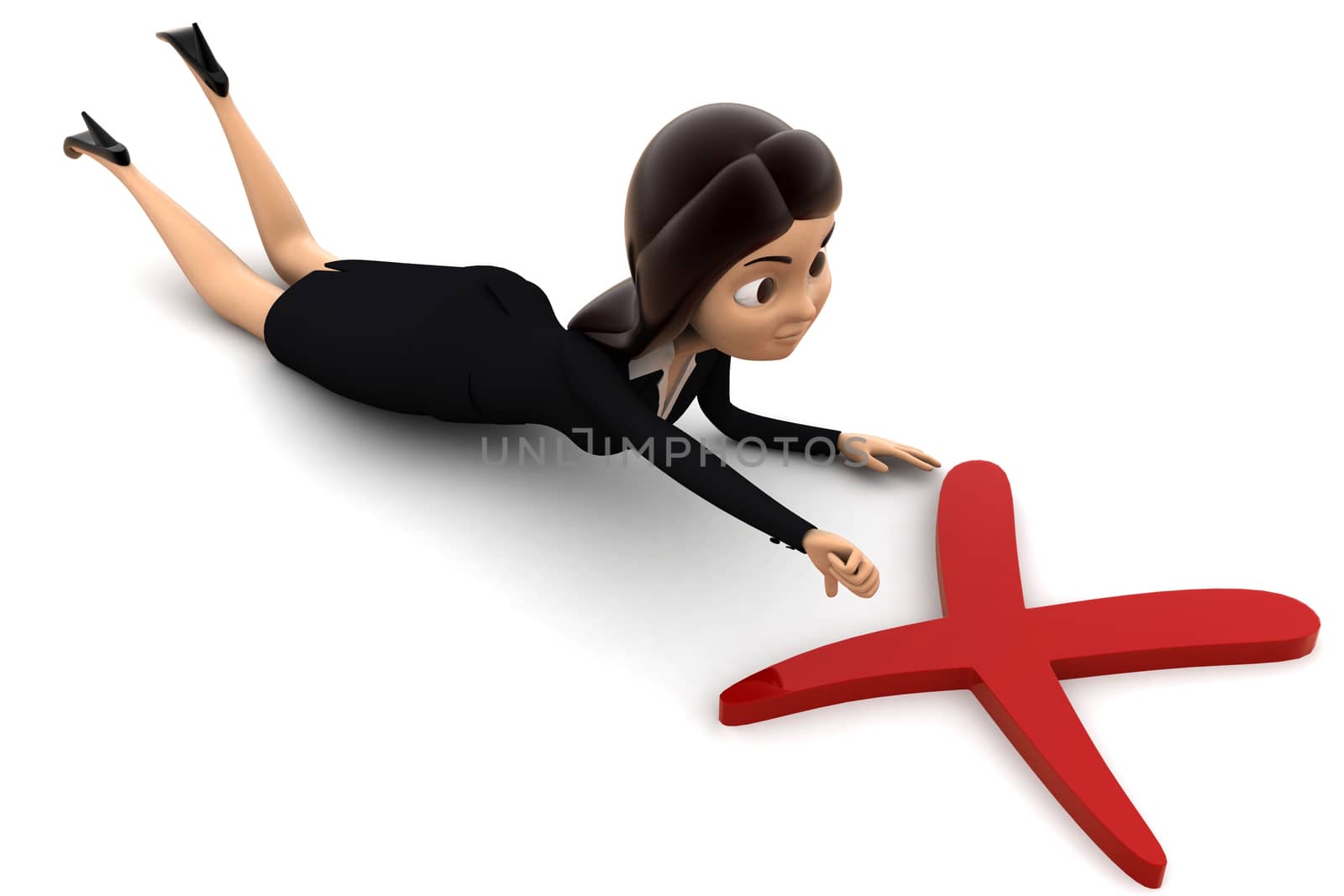 3d woman laying before red cross sign and thumb down concept on white background, top angle view