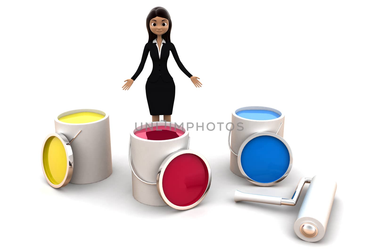 3d woman with colour jars concept on white background, front angle view