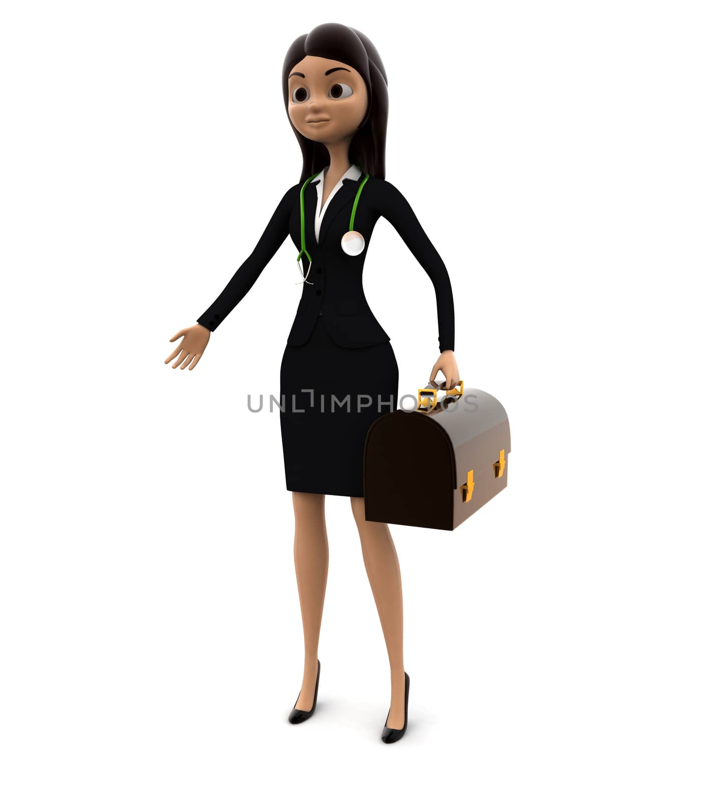 3d woman stanidng with brown bag and strethoscope on neck concept on white background, side angle view