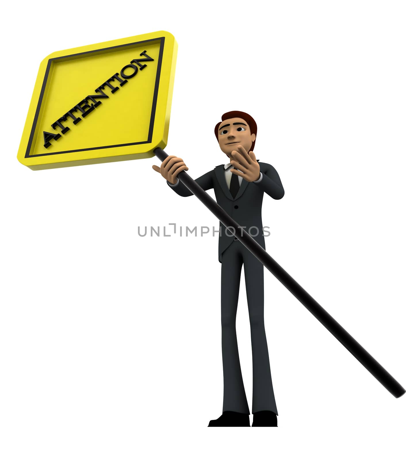 3d man with attention text sign board concept on white background, low angle view