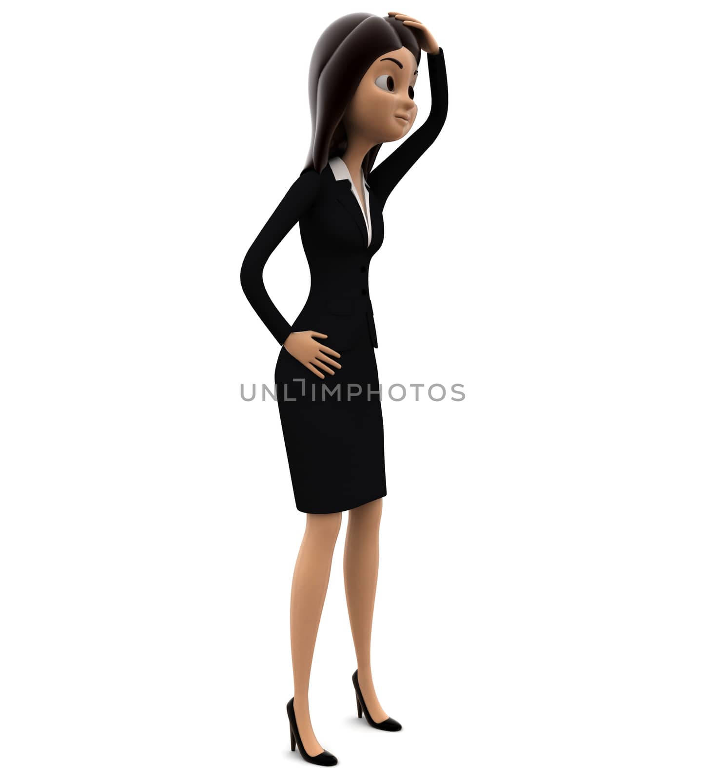 3d woman confused with hand kept overhead concept on white background, side angle view