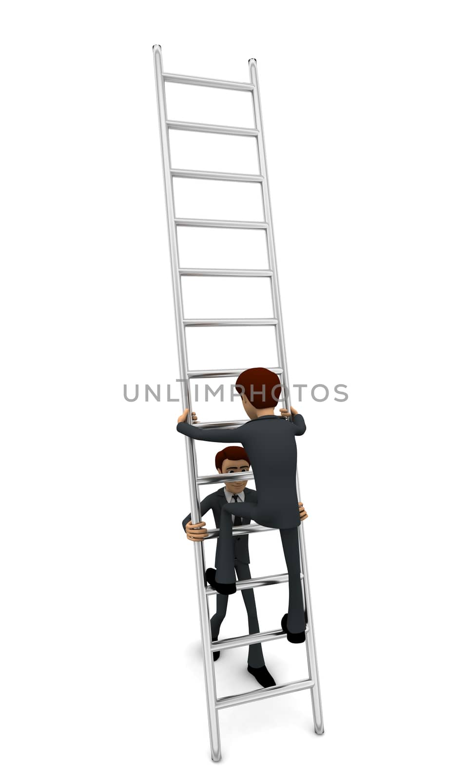 3d man climbing ladder supported by another man concept on white background, back angle view