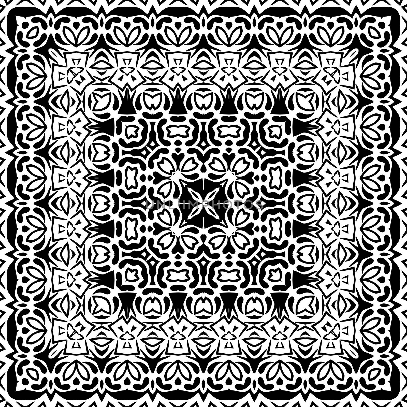 Abstract Seamless Pattern, Black Contours Isolated on White Background. 