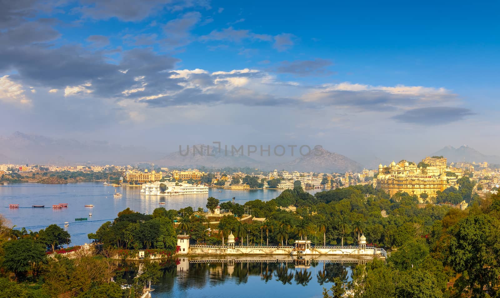 Panoramic view of Udaipur, Lake Pichola and City Palace - Rajasthan, India, Asia