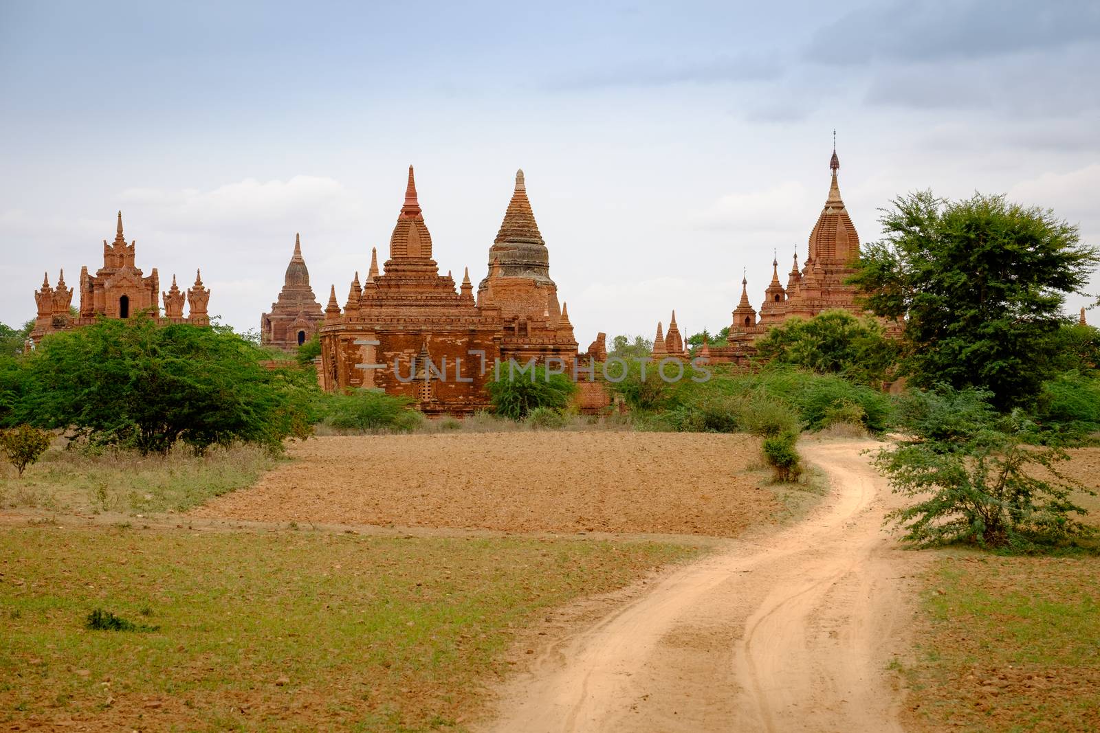 Landscape view of ancient temples and road in Old Bagan, Myanmar