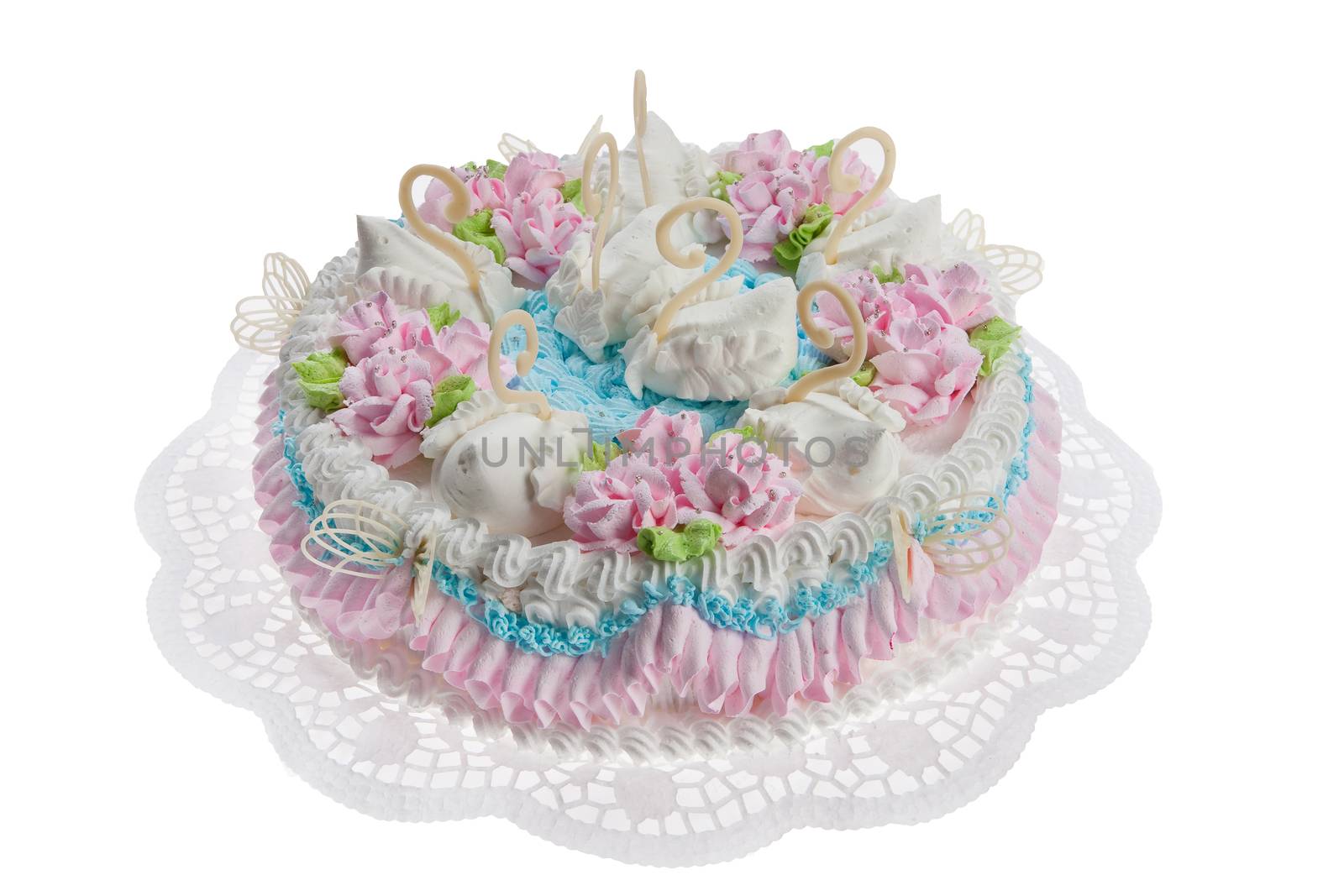 Cake and tablecloth on isolated white background