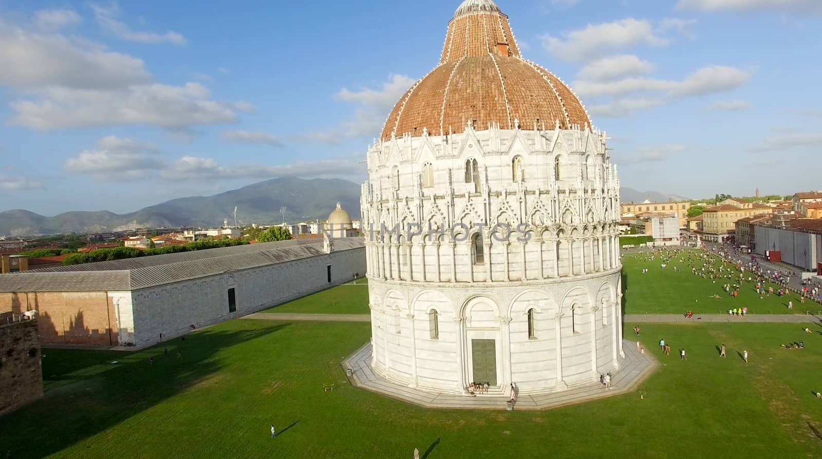 Pisa, Italy. Stunning aerial view of city skyline at dusk.