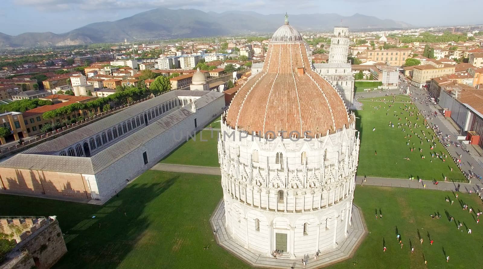 Pisa, Italy. Stunning aerial view of city skyline at dusk.