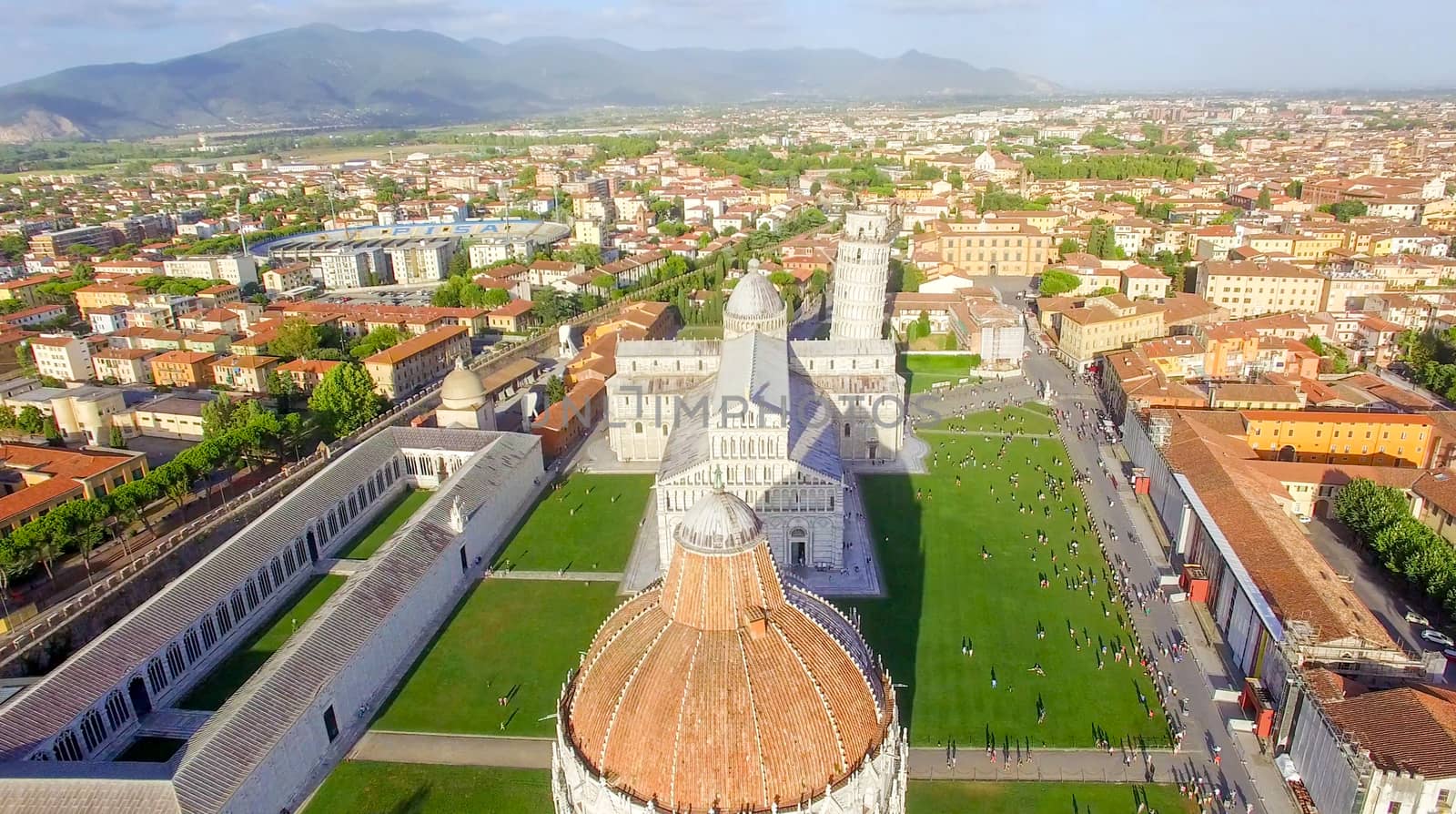 Pisa, Italy. Stunning aerial view of city skyline at dusk.