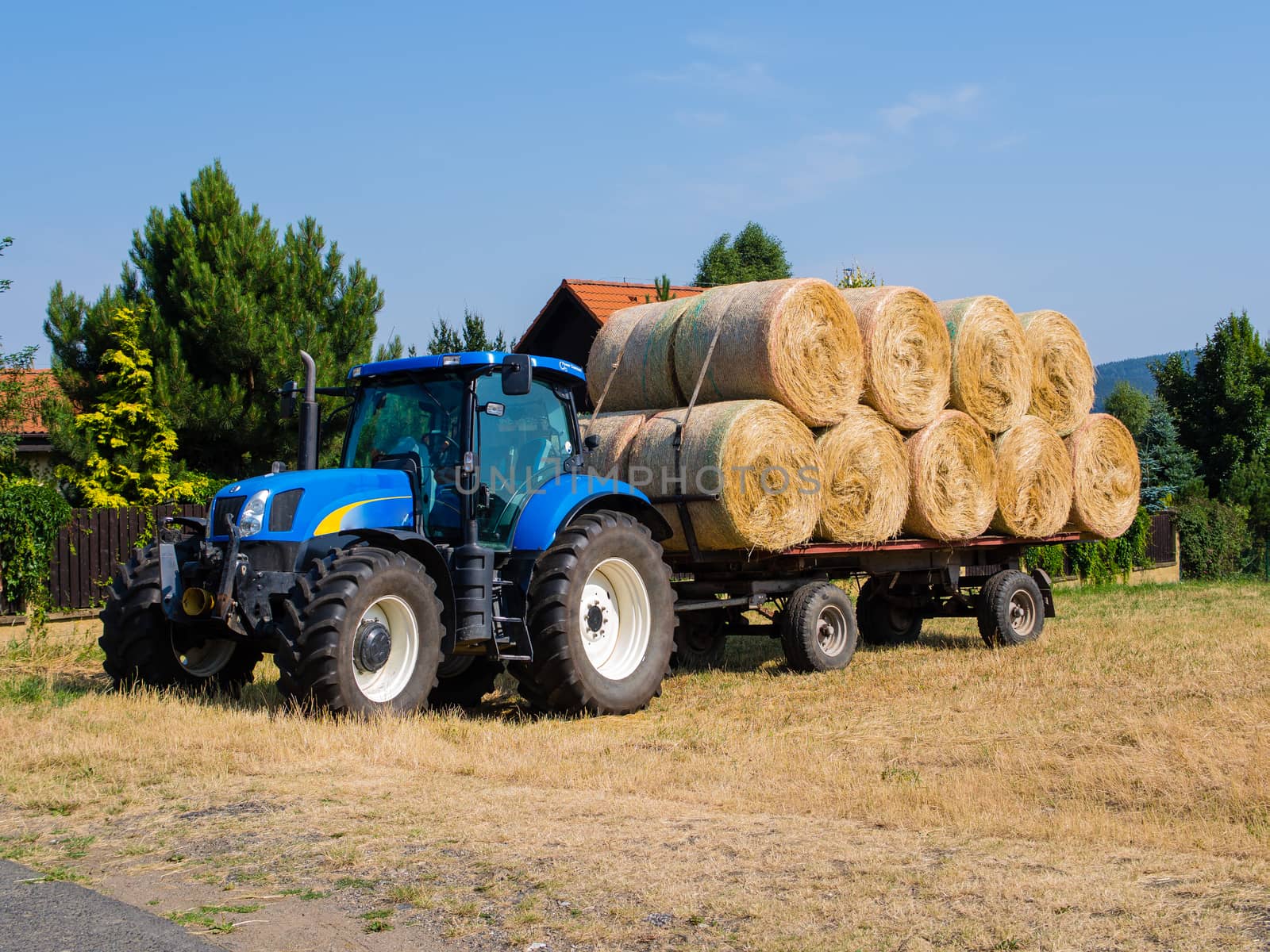 Blue tractor with wagon loaded with hay stacks during harvest time, copyspace on the bottom of the image