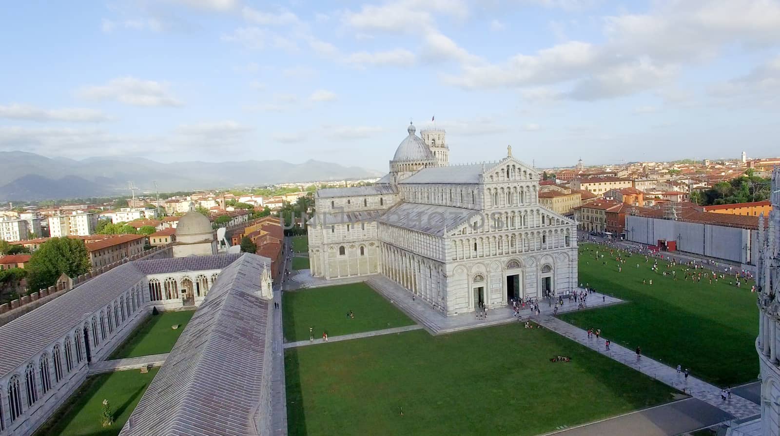 Aerial view of Miracles Square, Pisa. Piazza dei Miracoli .