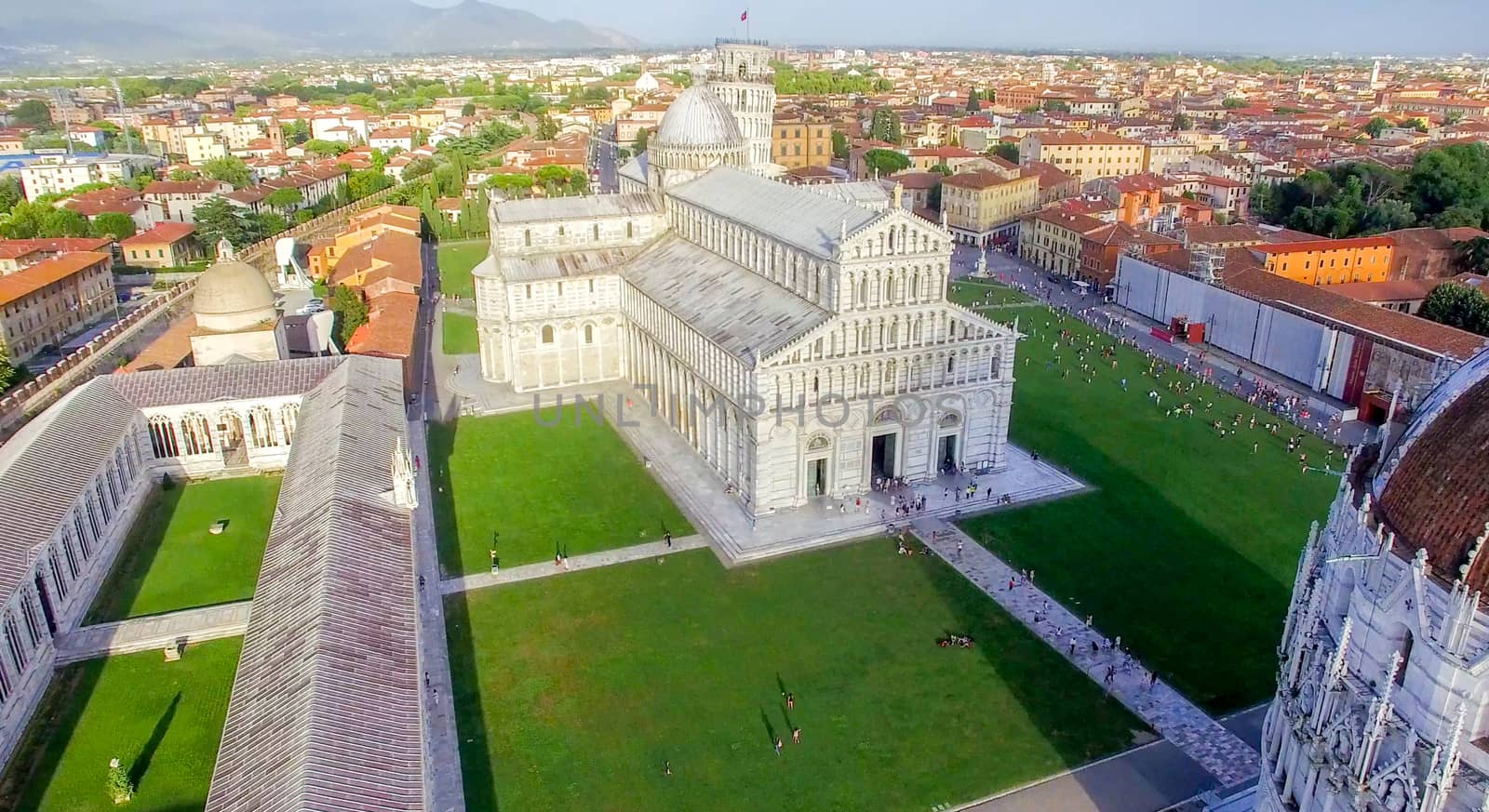 Aerial view of Miracles Square, Pisa. Piazza dei Miracoli .