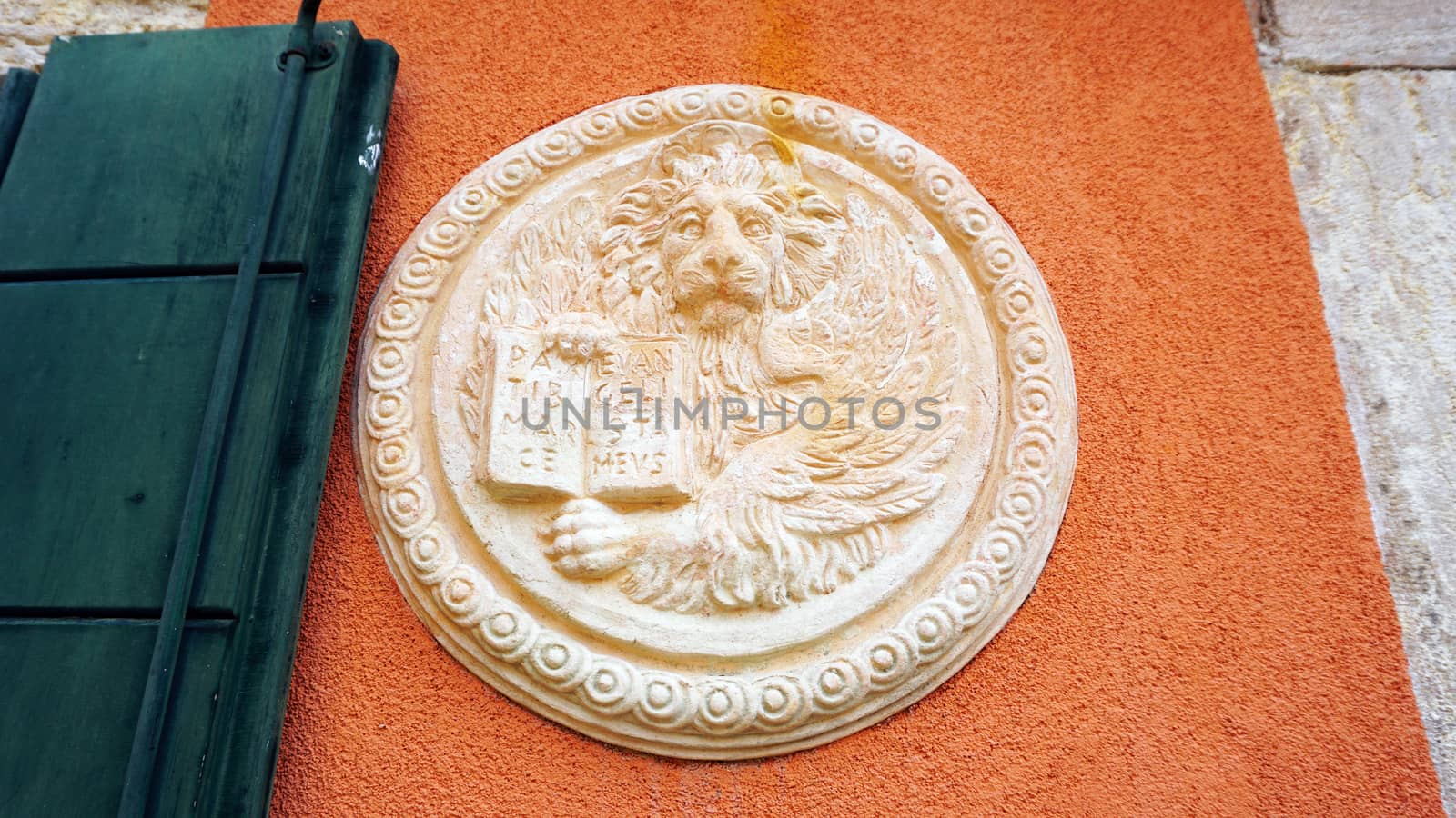 lion in circular shape bas relief art in Venice, italy