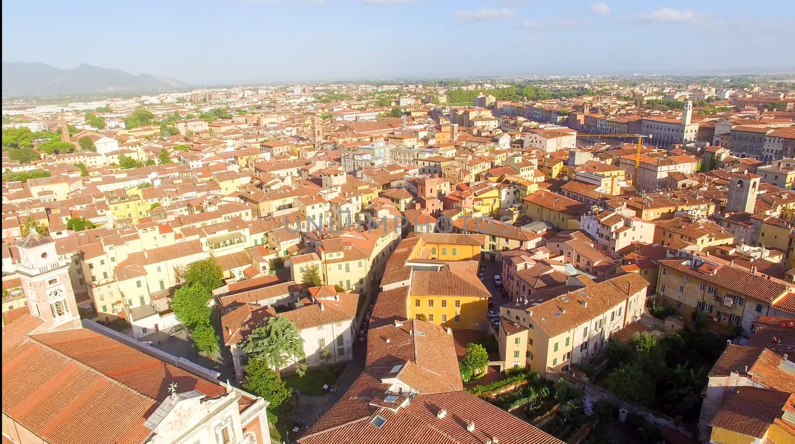 Pisa, Italy. Stunning aerial view of city skyline at dusk.