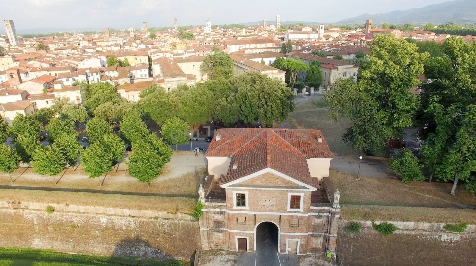 Aerial view of Lucca ancient city walls - Tuscany, Italy.