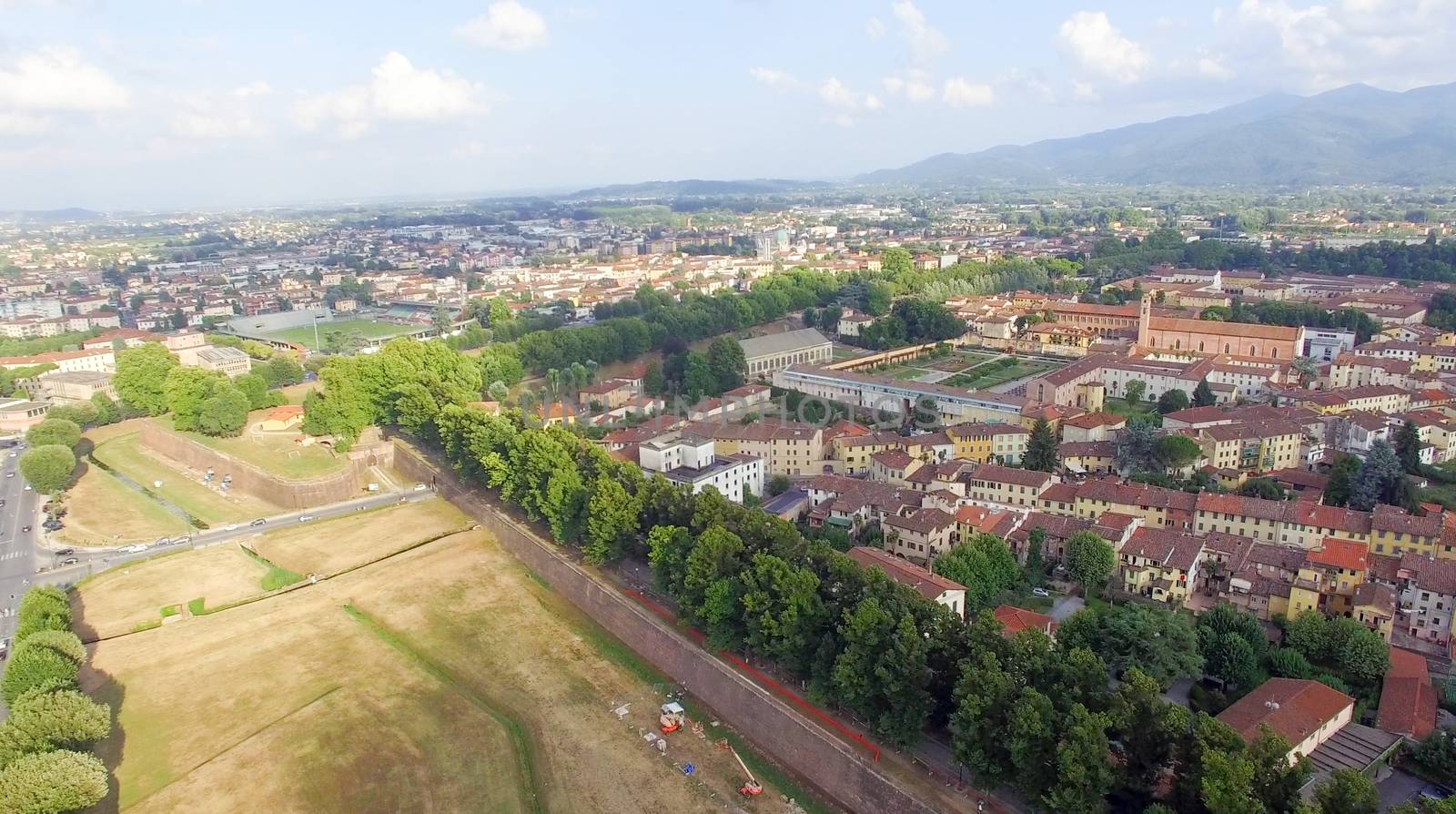 Lucca and surrounding countryside. Aerial view.