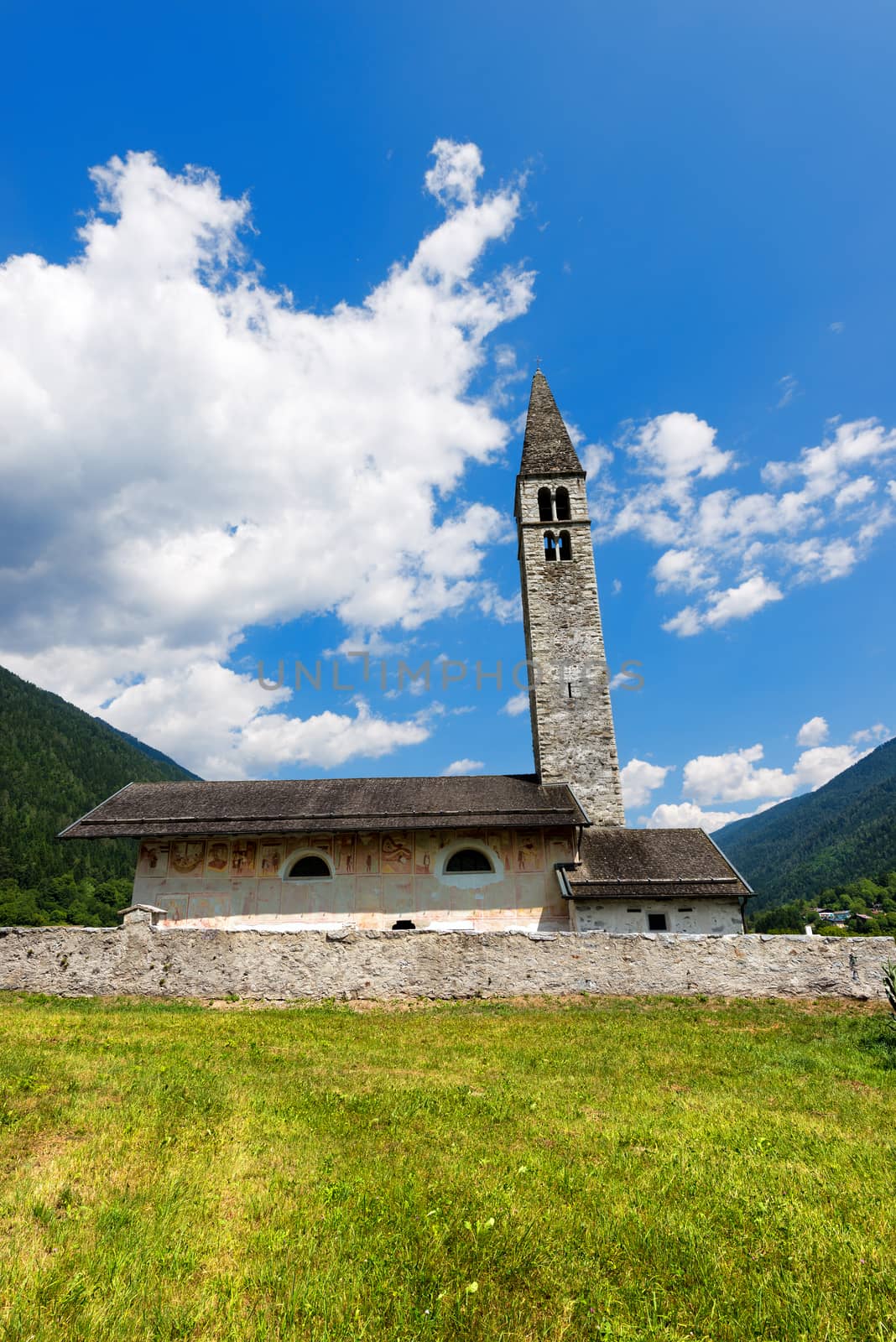 Ancient church of Sant'Antonio Abate (XV century) in Pelugo, Val di Fassa, Trento Italy 