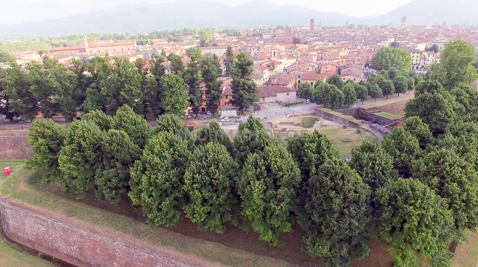 Aerial view of Lucca ancient city walls - Tuscany, Italy.