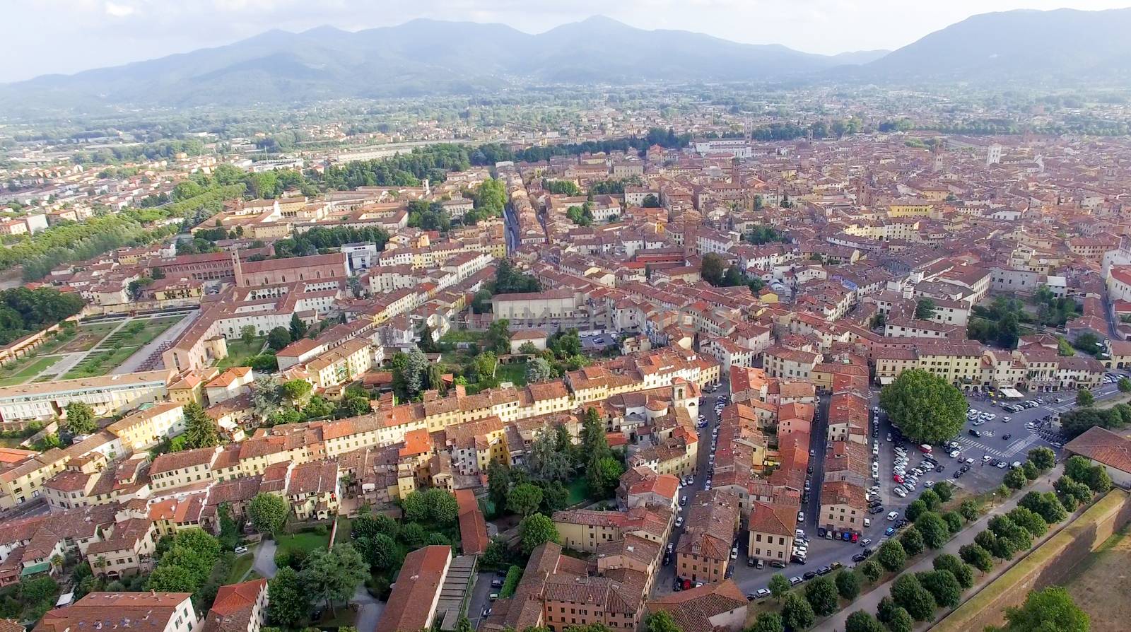 Aerial view of Lucca ancient city walls - Tuscany, Italy.