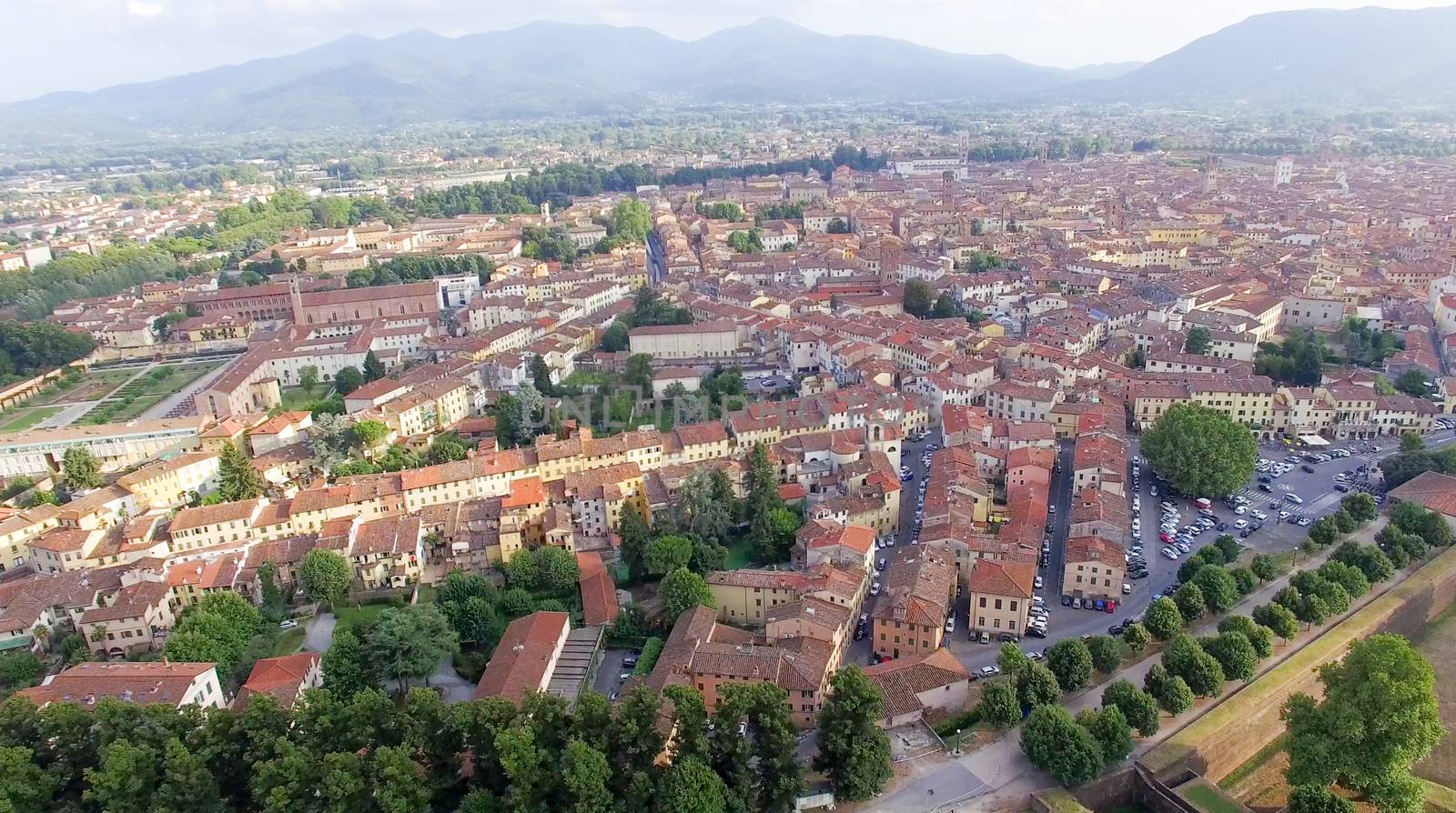 Aerial view of Lucca, ancient town of Tuscany.