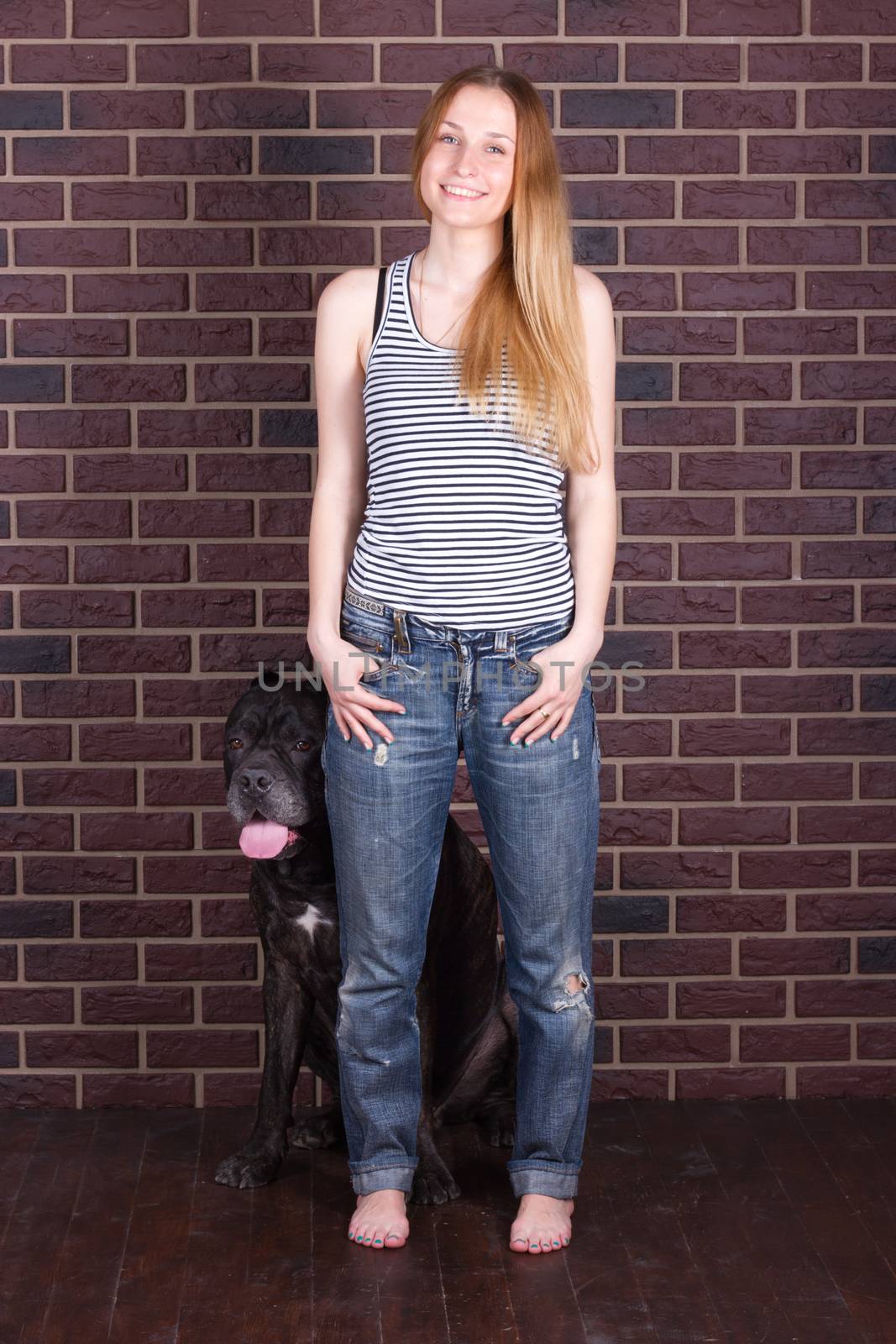 girl in jeans and shirt standing near the wall hugging a Cane Corso by victosha