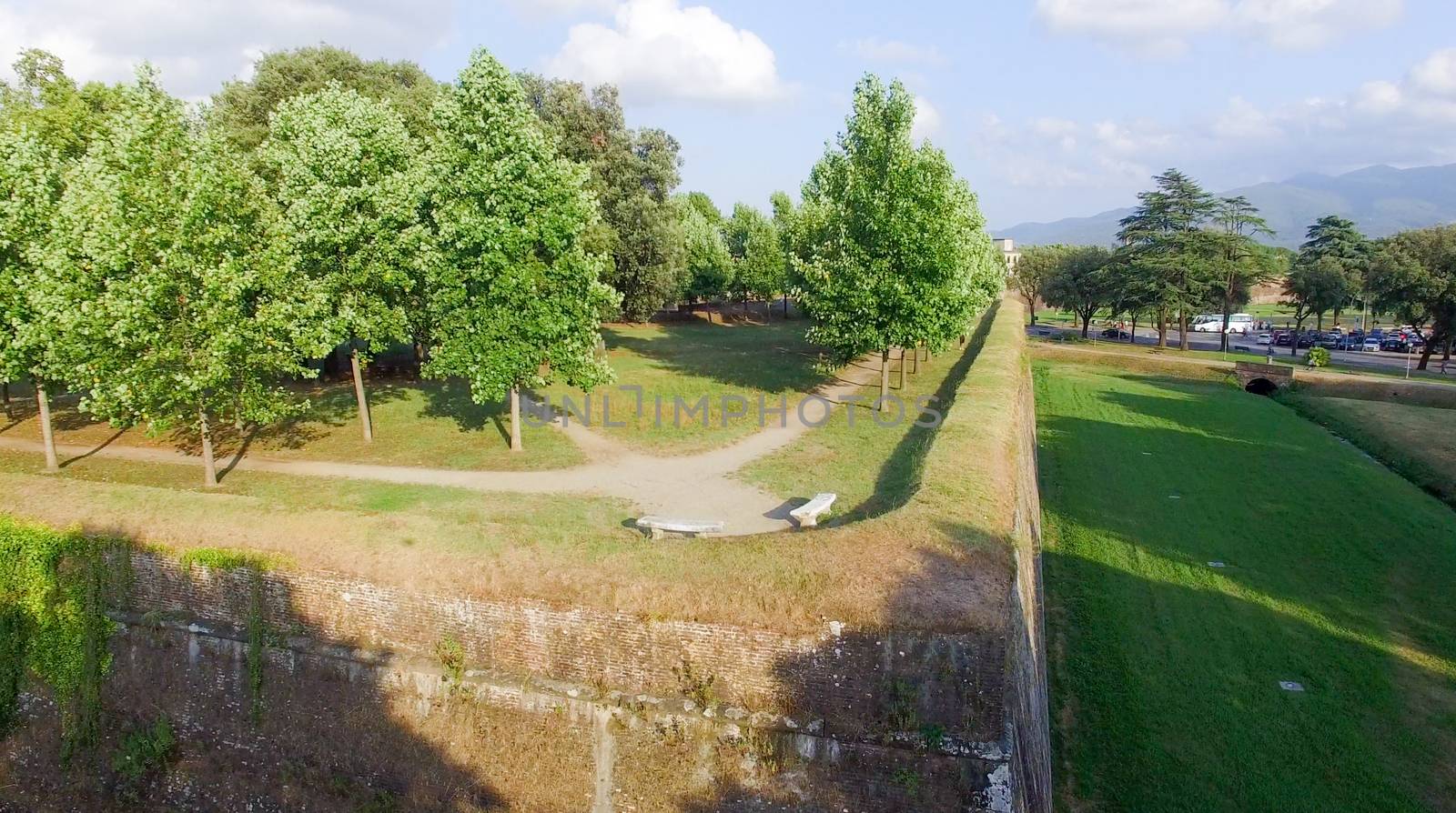 Aerial view of Lucca ancient city walls - Tuscany, Italy.