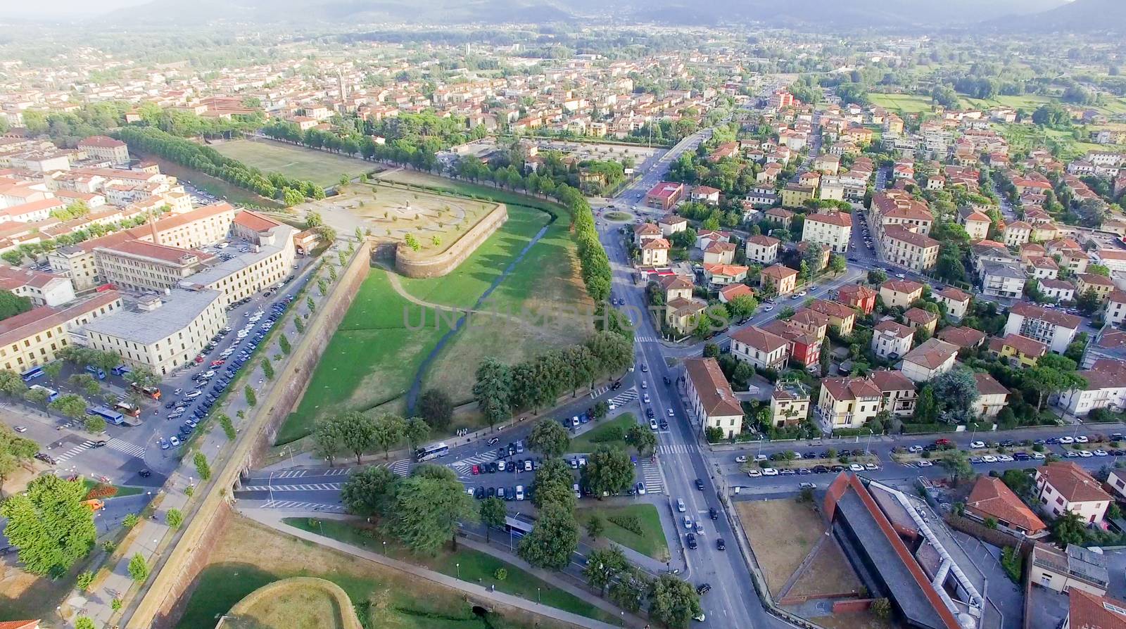 Aerial view of Lucca, ancient town of Tuscany.