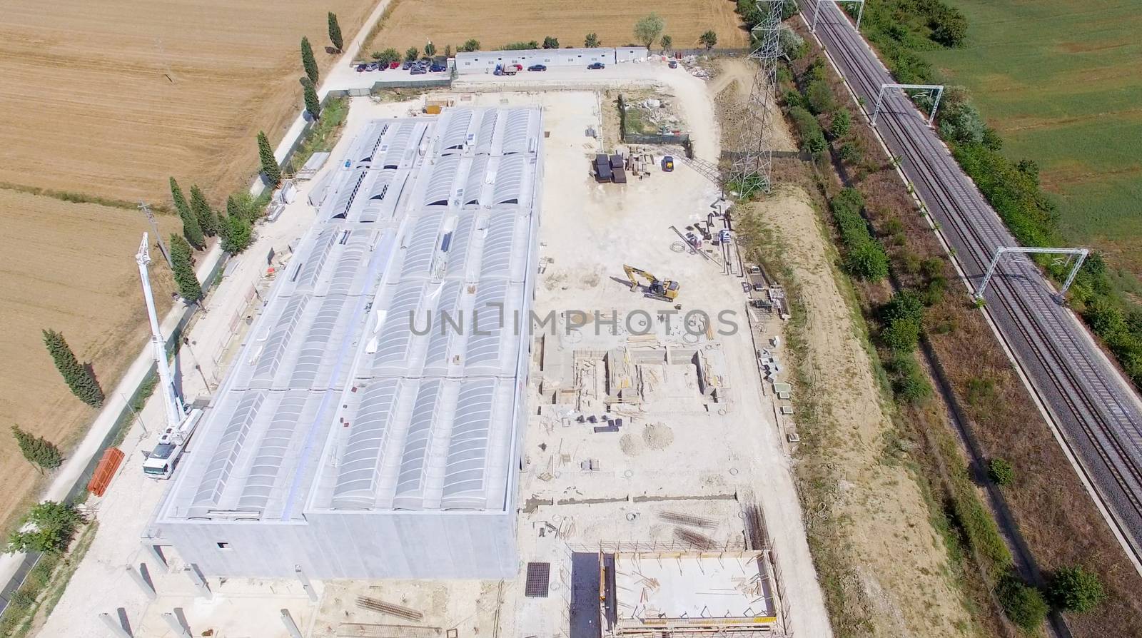 Building construction site, overhead view.