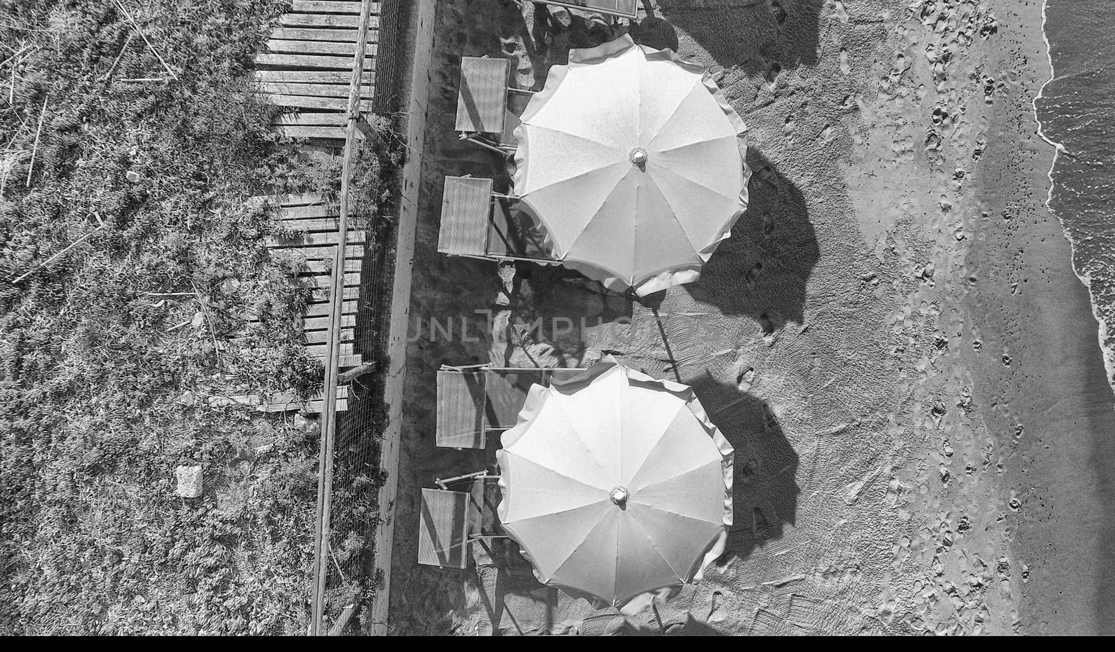 Aerial view of beach umbrellas.