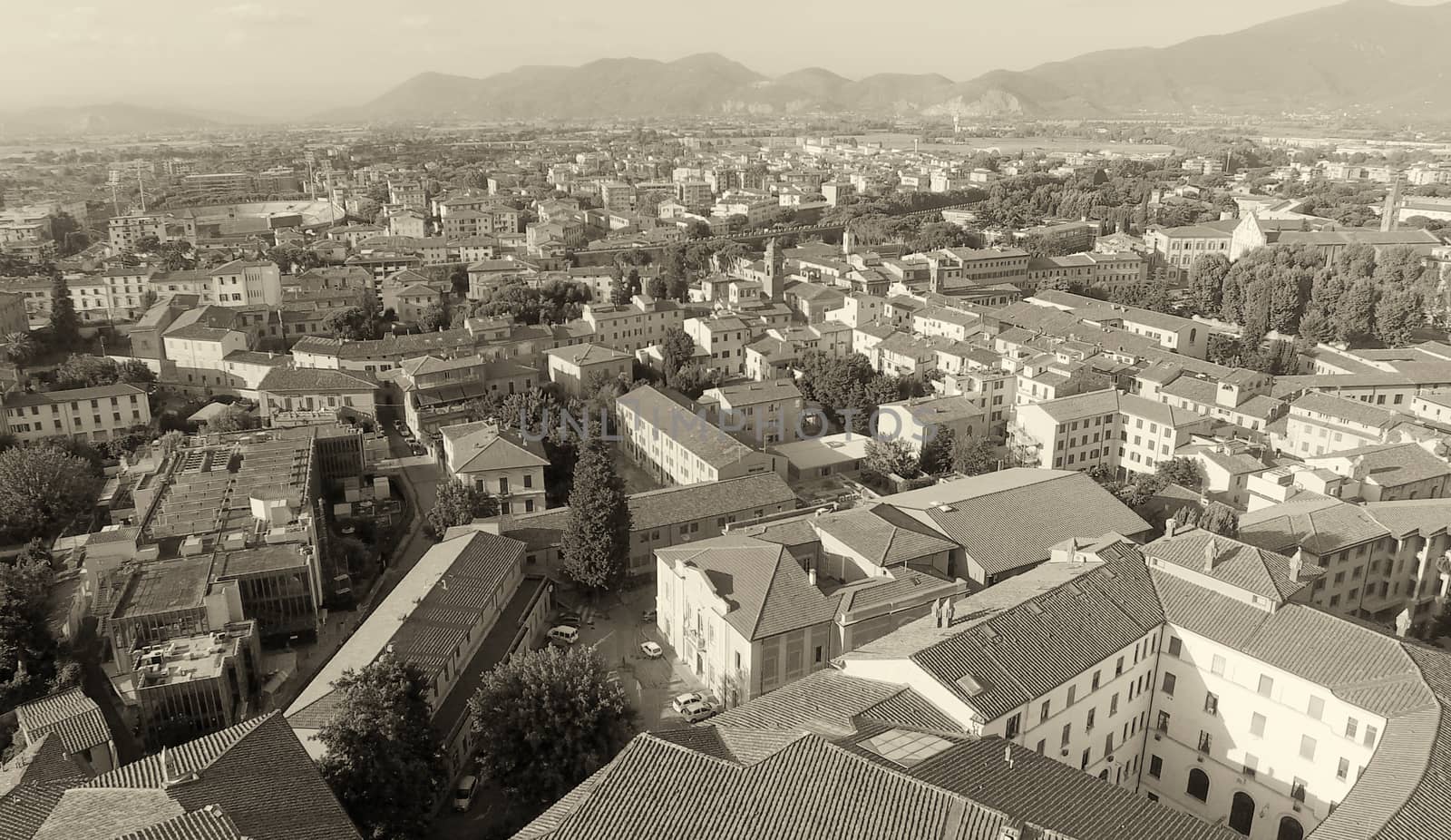 Pisa, Italy. Stunning aerial view of city skyline at dusk.