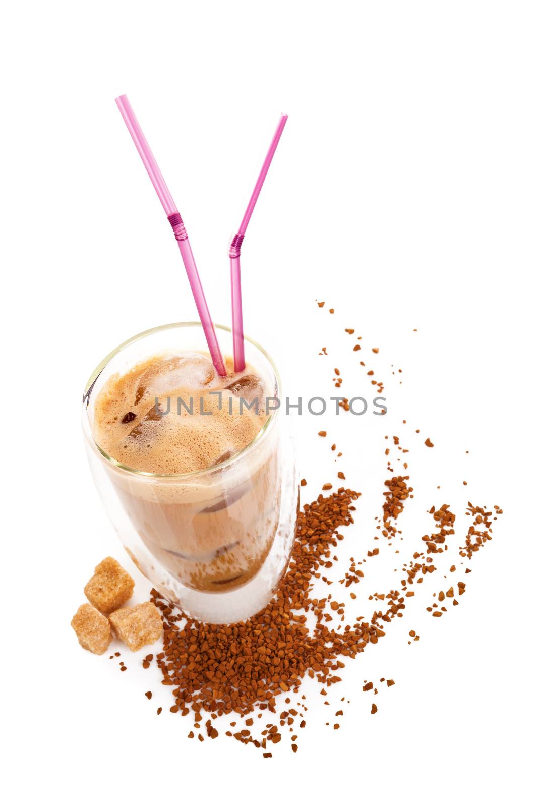 Delicious ice coffee with instant coffee and brown sugar on white background. Traditional coffee drinking.