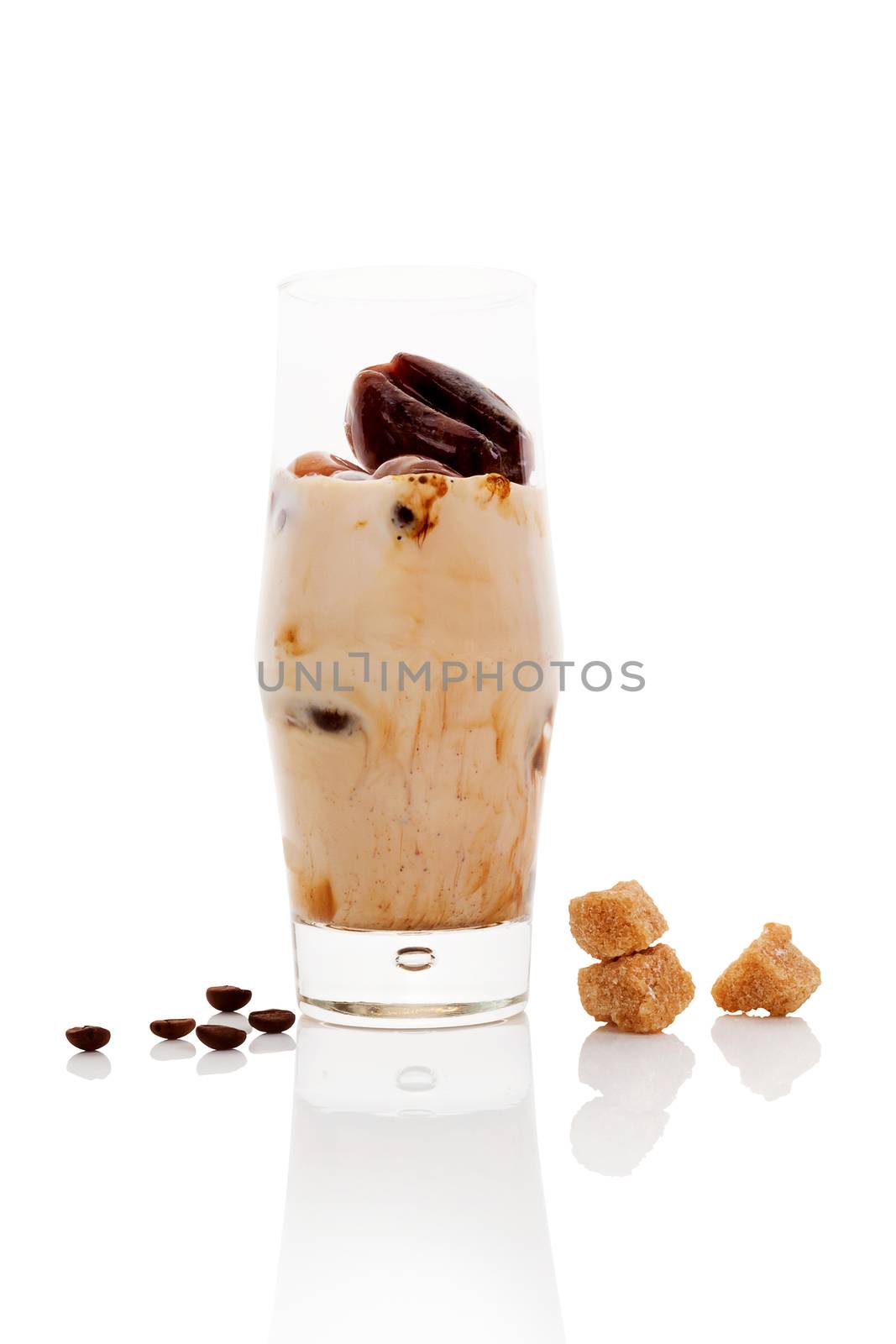 Delicious iced coffee on white background. Traditional coffee drinking.