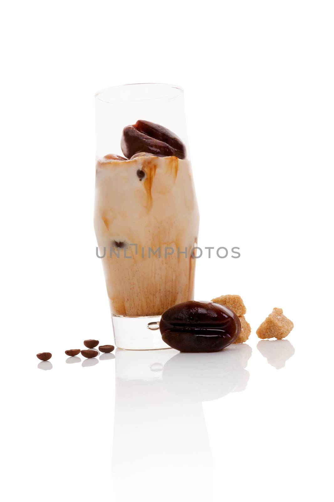 Delicious iced coffee on white background. Traditional coffee drinking.