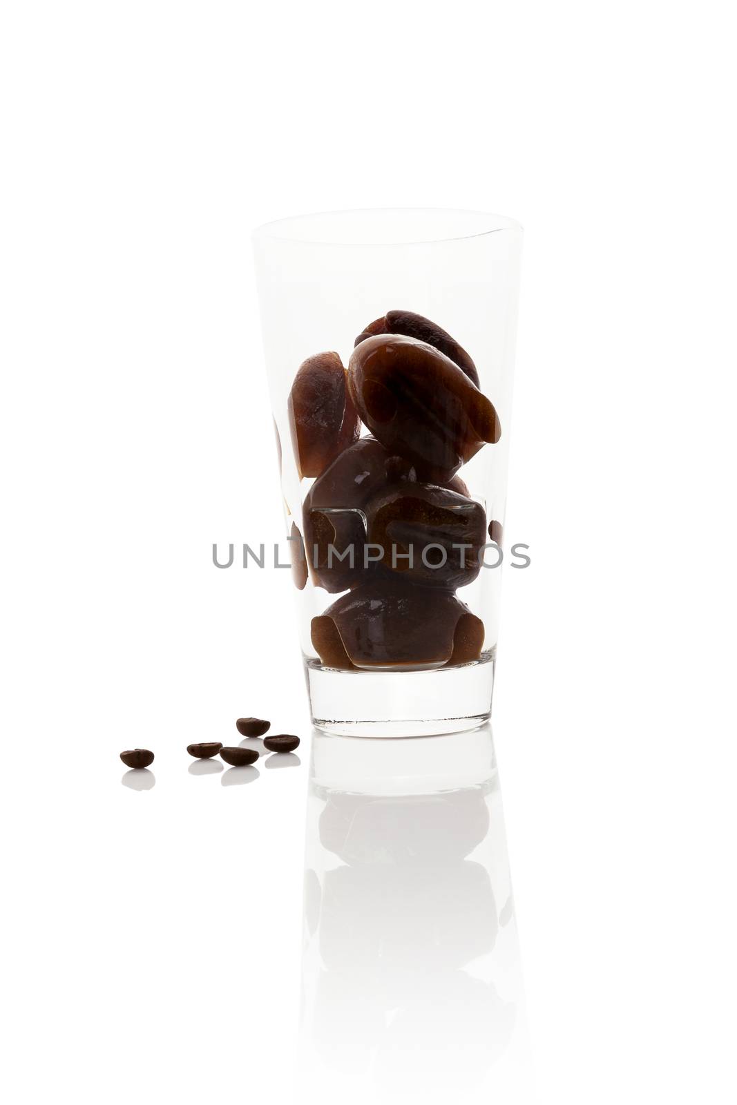 Frozen coffee in coffee bean shape in glass isolated on white background. 