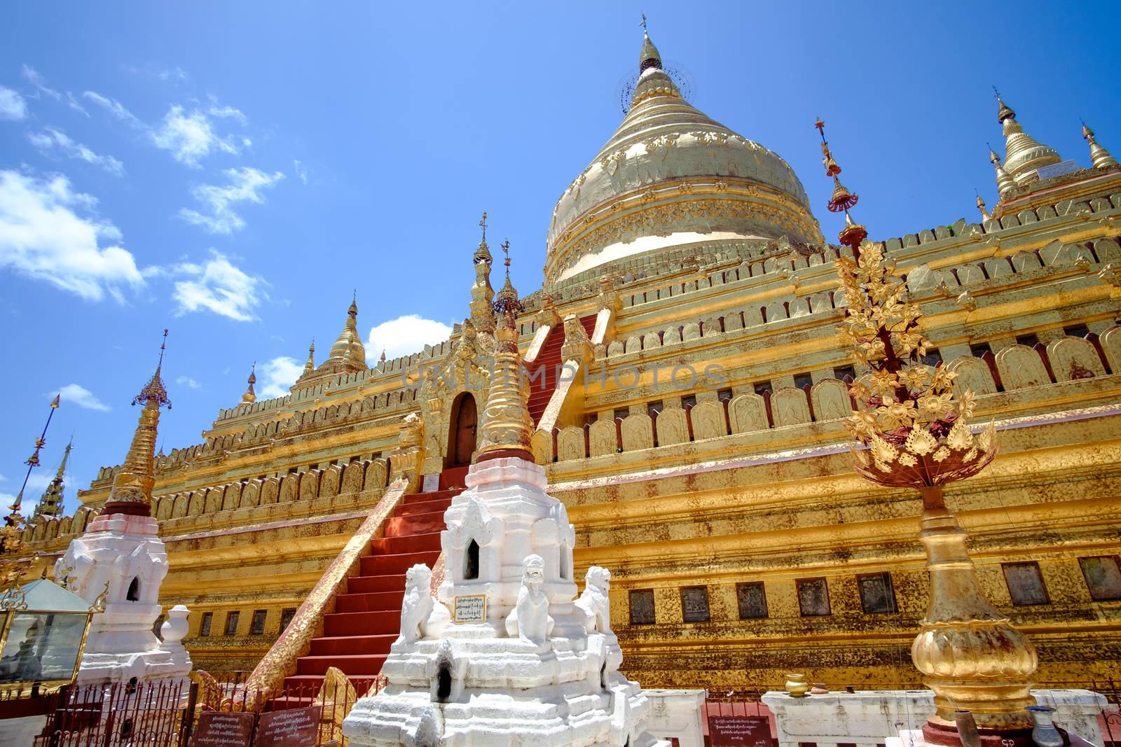 Scenic view of golden Shwezigon pagoda in Bagan, Myanmar