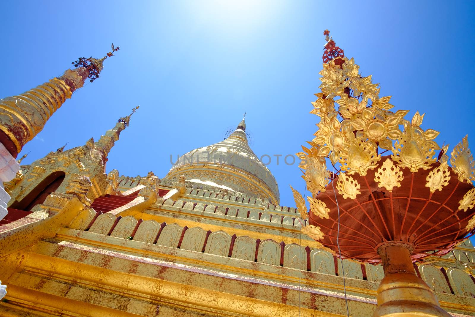 Detail view of golden Shwezigon pagoda Bagan, Myanmar