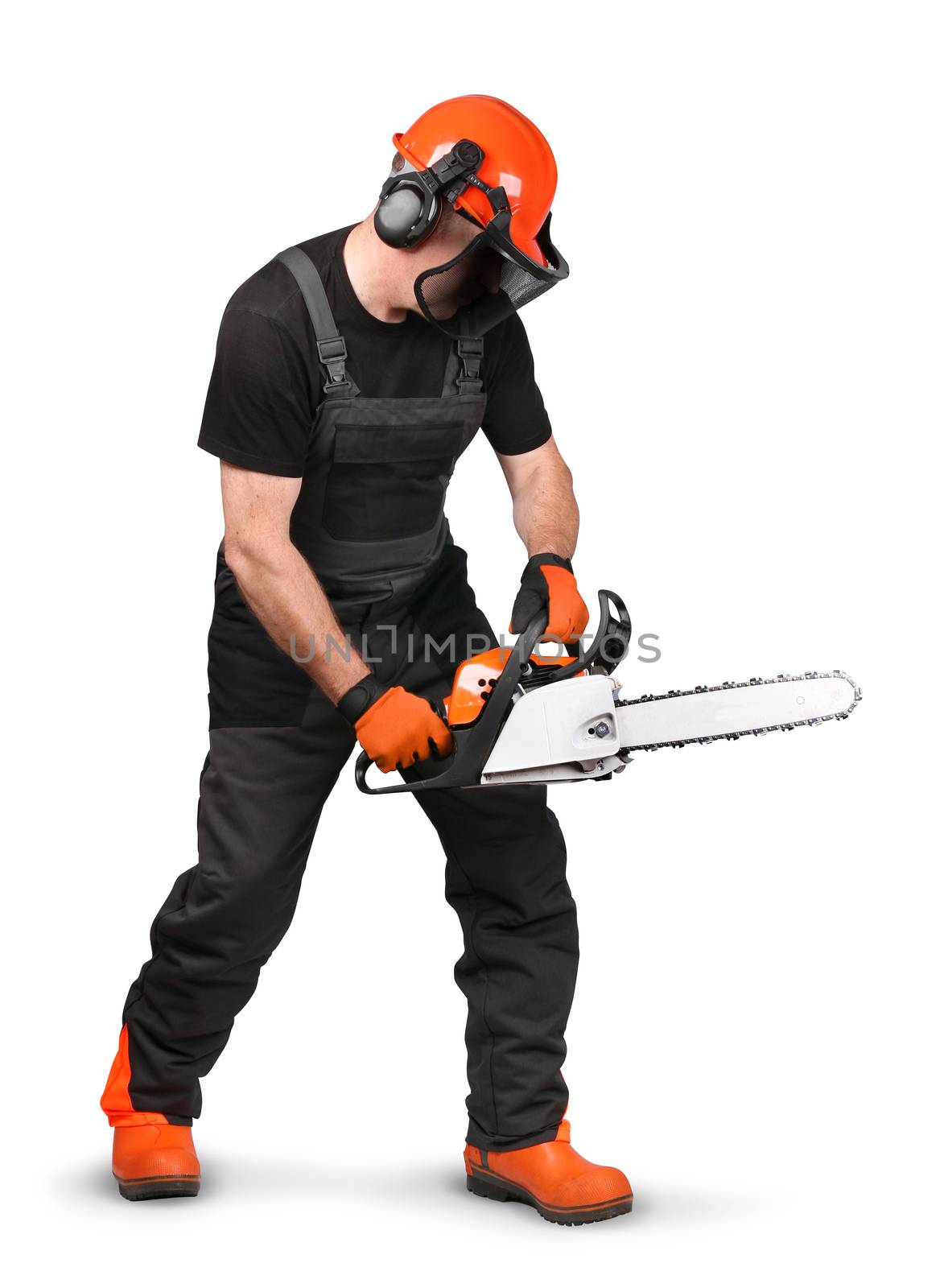 Professional logger using chain saw with safety gear on