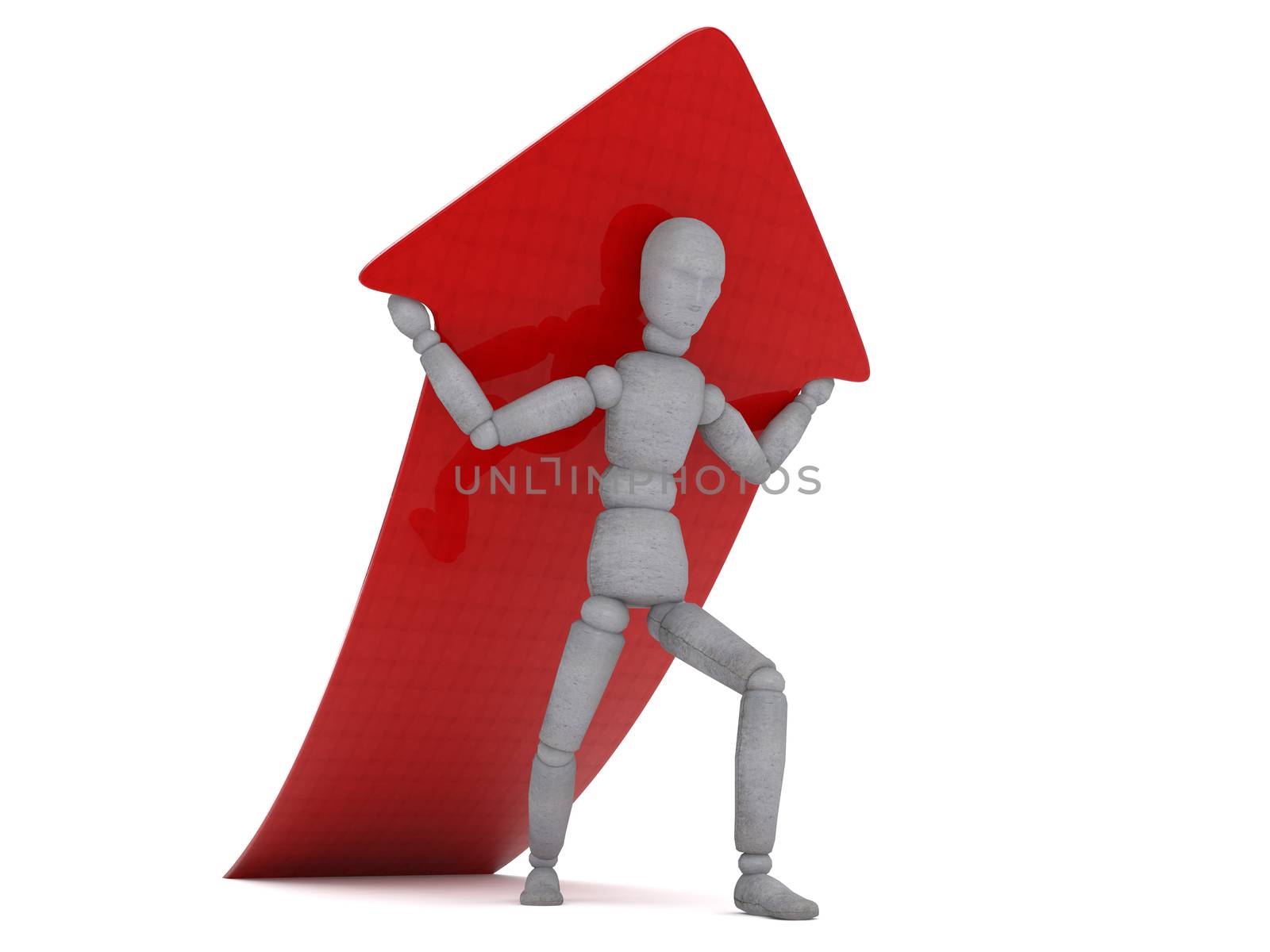Character is holding on his shoulders a red glossy arrow that points up. The picture shows a craving for victory, labor, force growth and results.