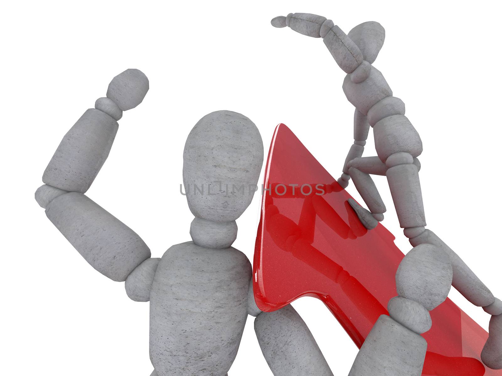 Character is holding on his shoulder glossy red arrow that points up. Another doll showing winning gesture. The picture shows a craving for victory, labor force growth and results.