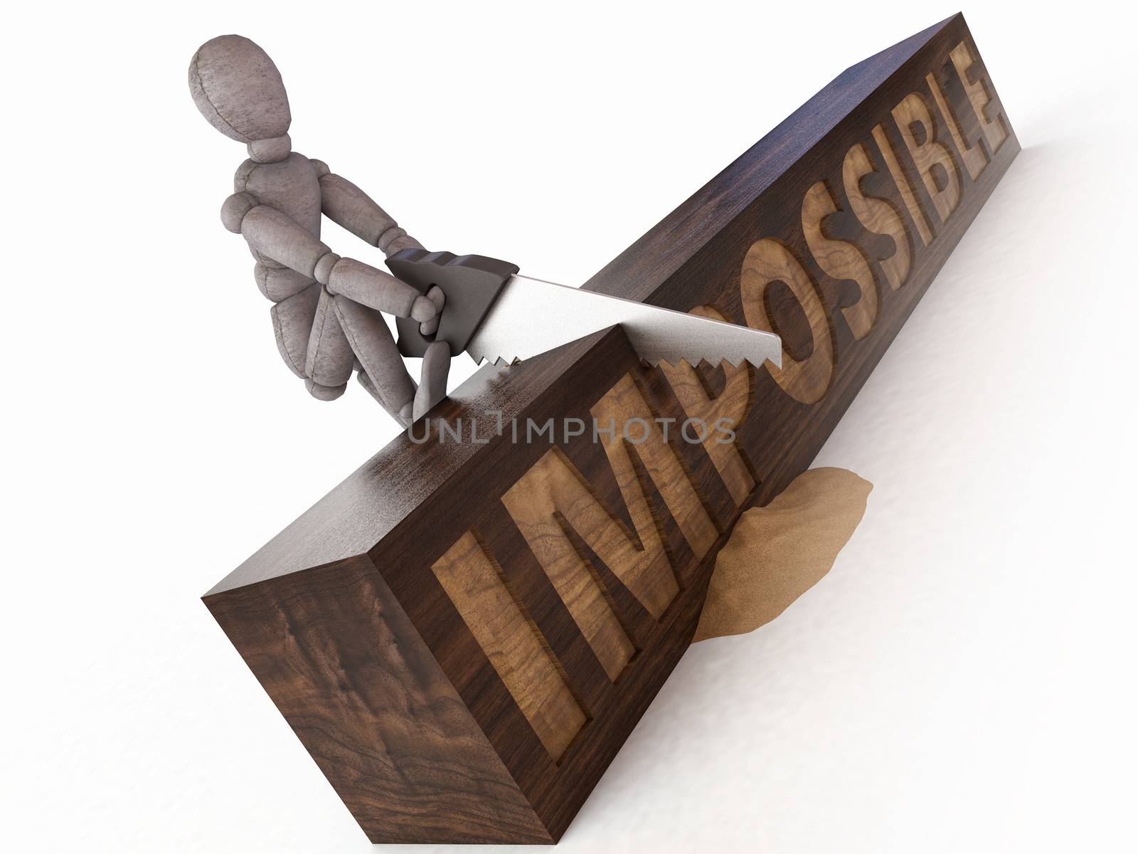 Doll Model sawing wooden block with inscription "impossible"