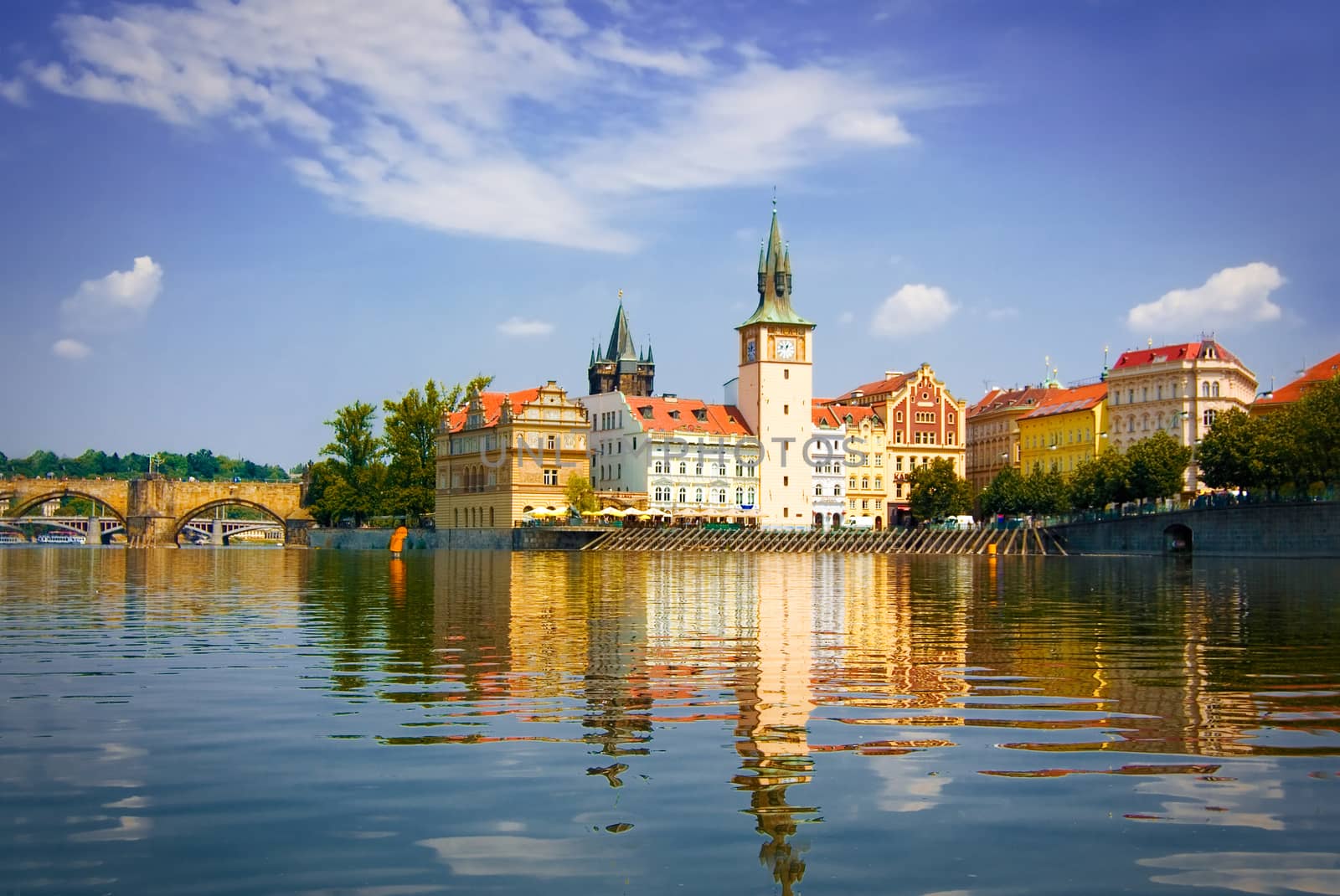 View of monuments from the river in Prague.