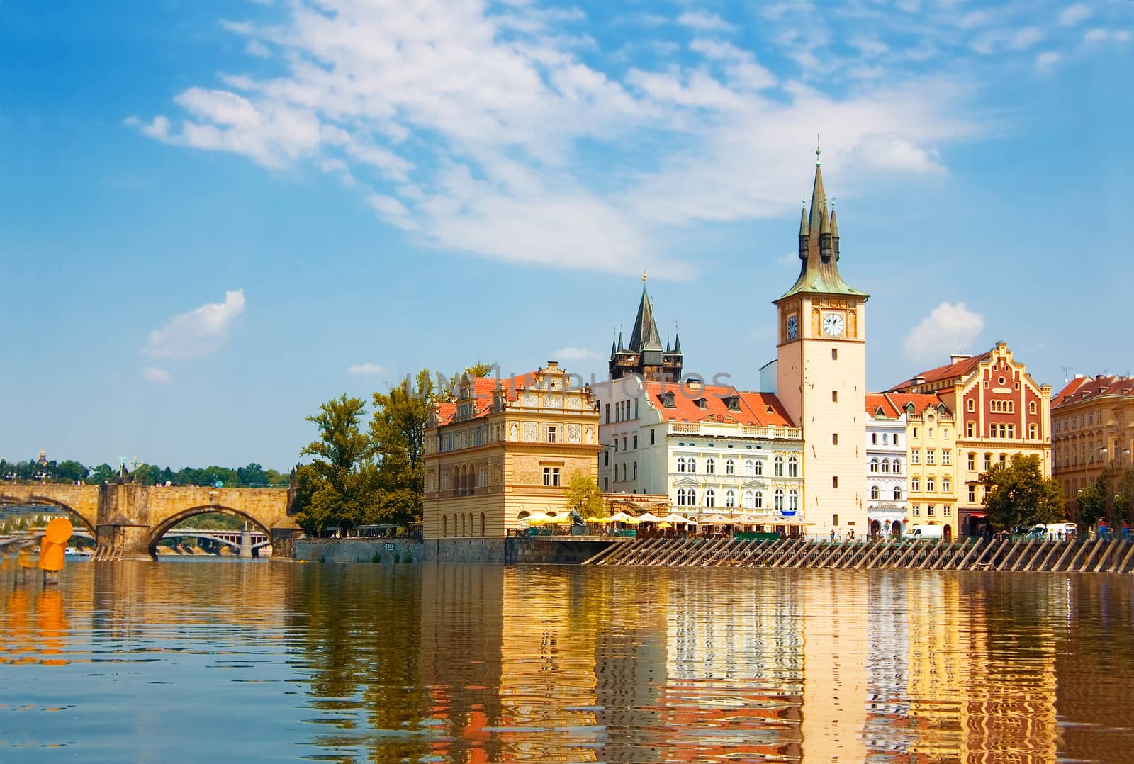 View of monuments from the river in Prague.