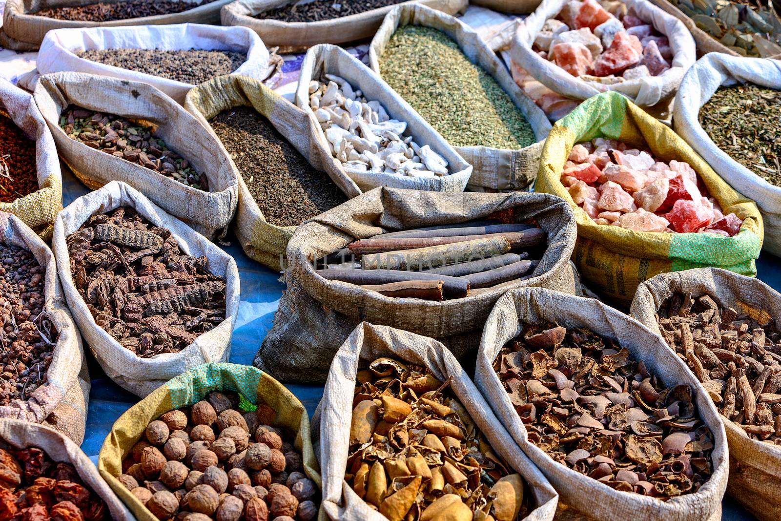 Variety of spices in local market in Pushkar. Rajasthan, India, Asia