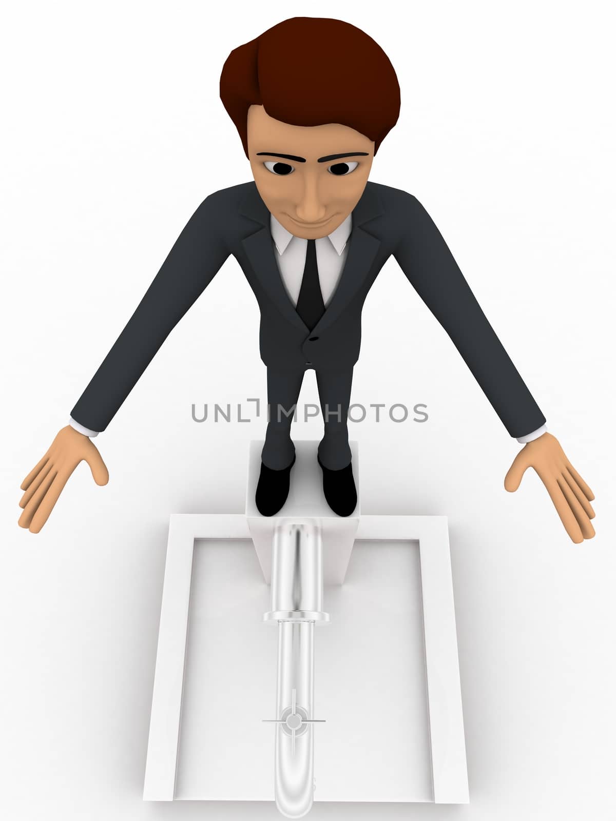 3d man standing on top of public tap concept  on white isolated background , top angle view 