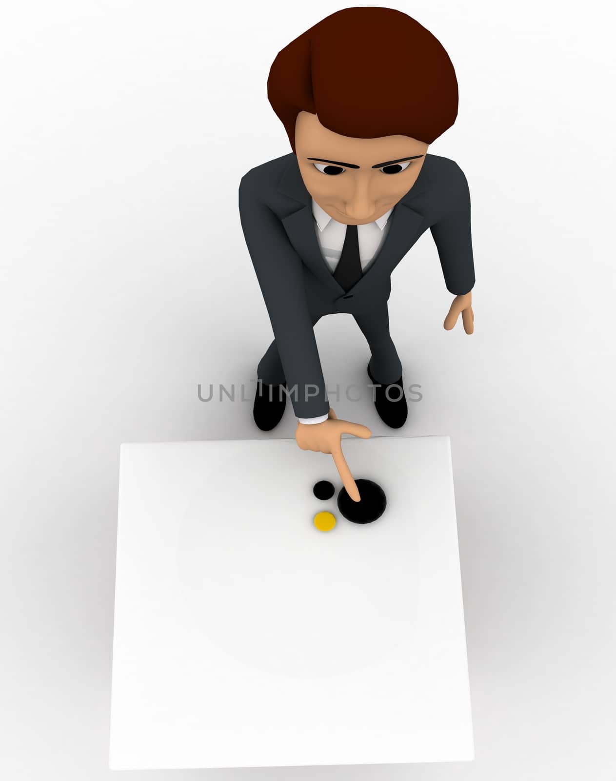 3d man presenting a plain untextured  box  concept on white isolated background , top angle view 