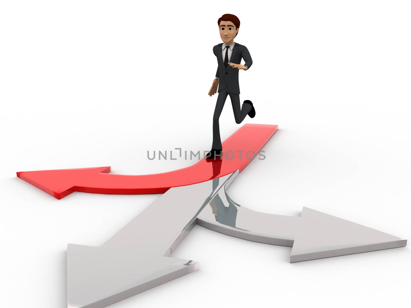 3d man chossing the right path / different path concept on white isolated background , front angle view 