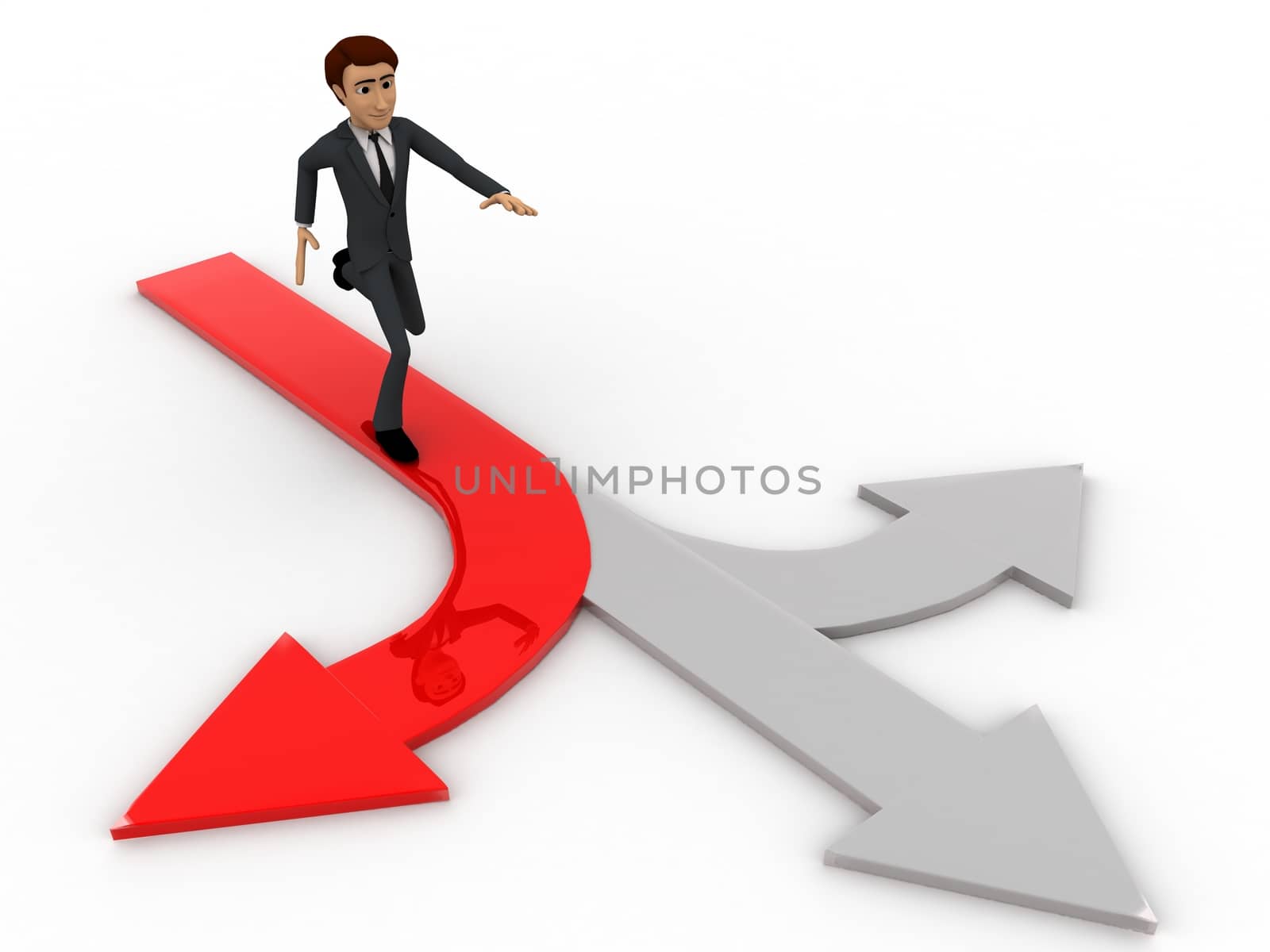 3d man chossing the right path / different path concept on white isolated background , side angle view 