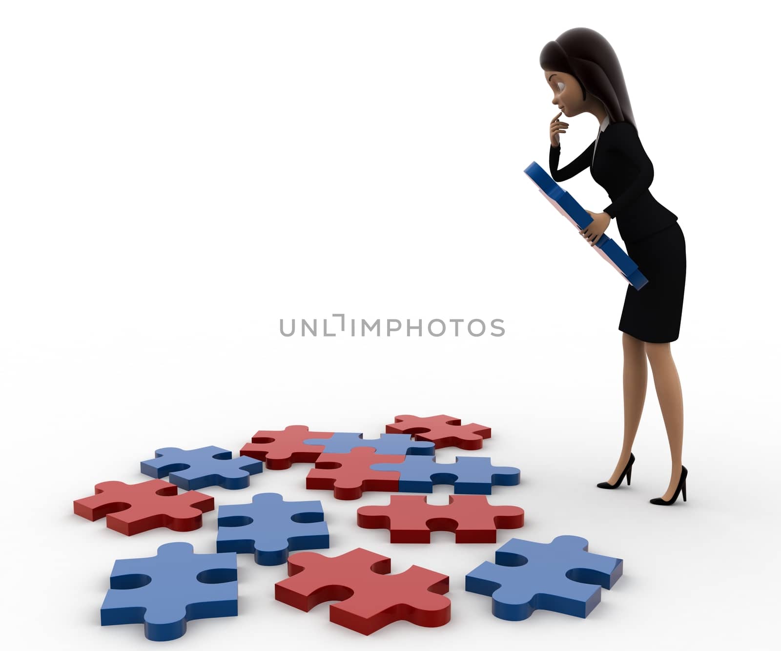 3d woman try to solve jigjaw puzzle concept on white background, side angle view