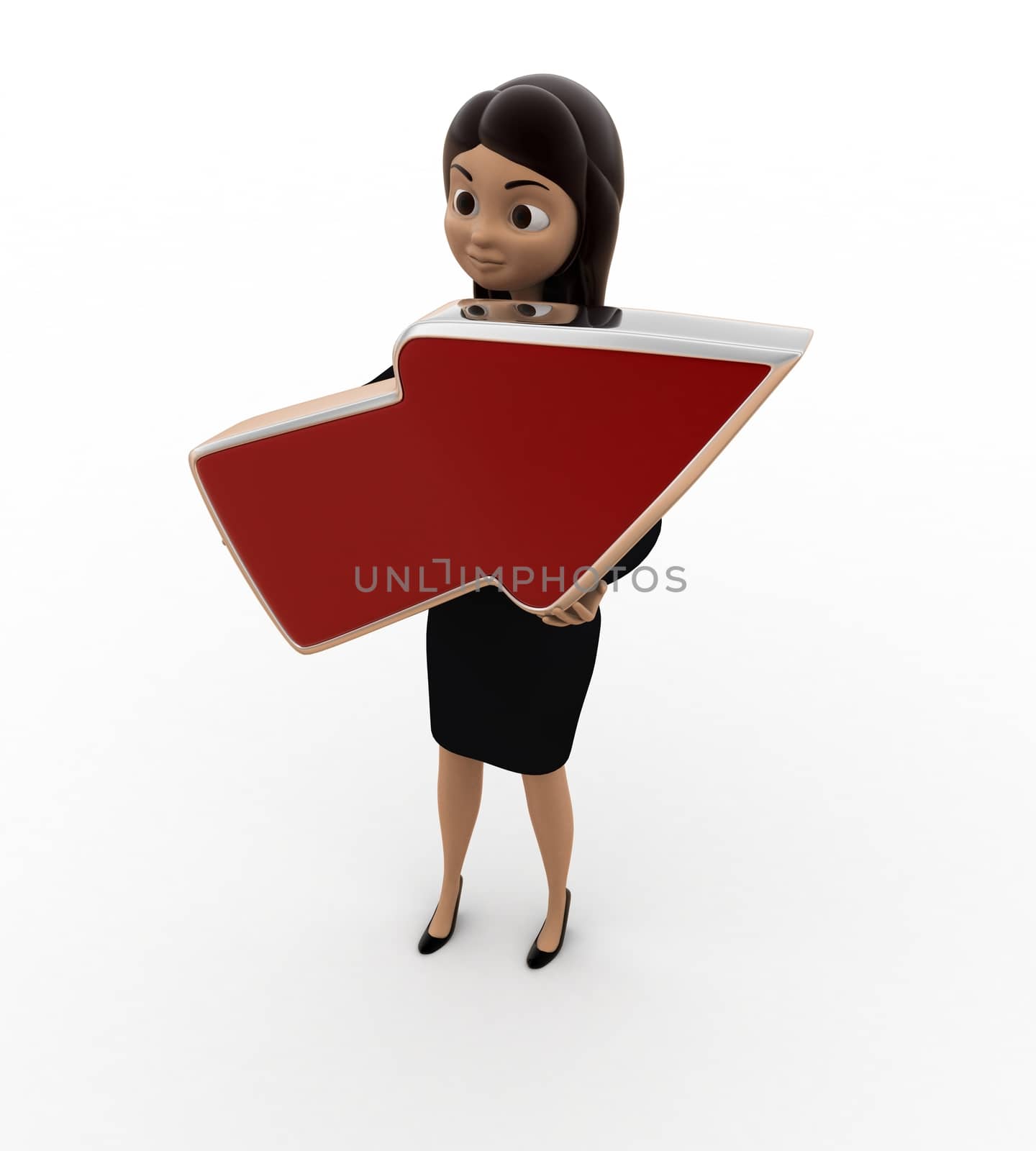 3d woman holding red arrow in hand concept on white background, top angle view